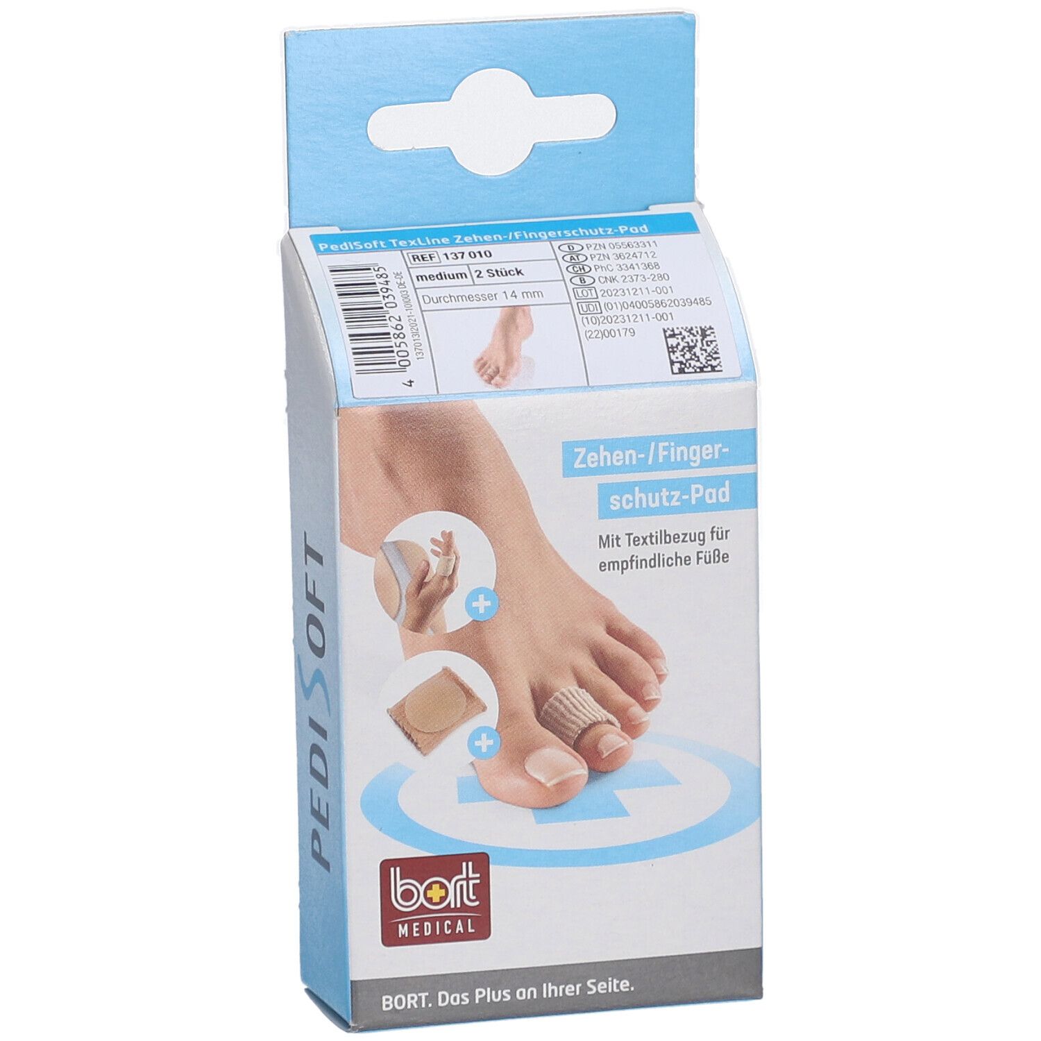 Vorderseite der Verpackung des Bort PediSoft TexLine Zehen-/Fingerschutz-Pad. Produktabbildung und Informationen.