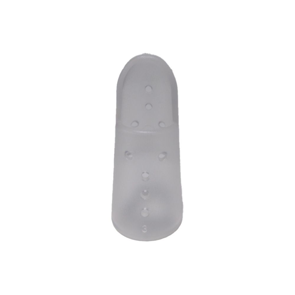 Fingerorthese, transparent. Mit Löchern versehen. Größe 3 ist am unteren Ende sichtbar.