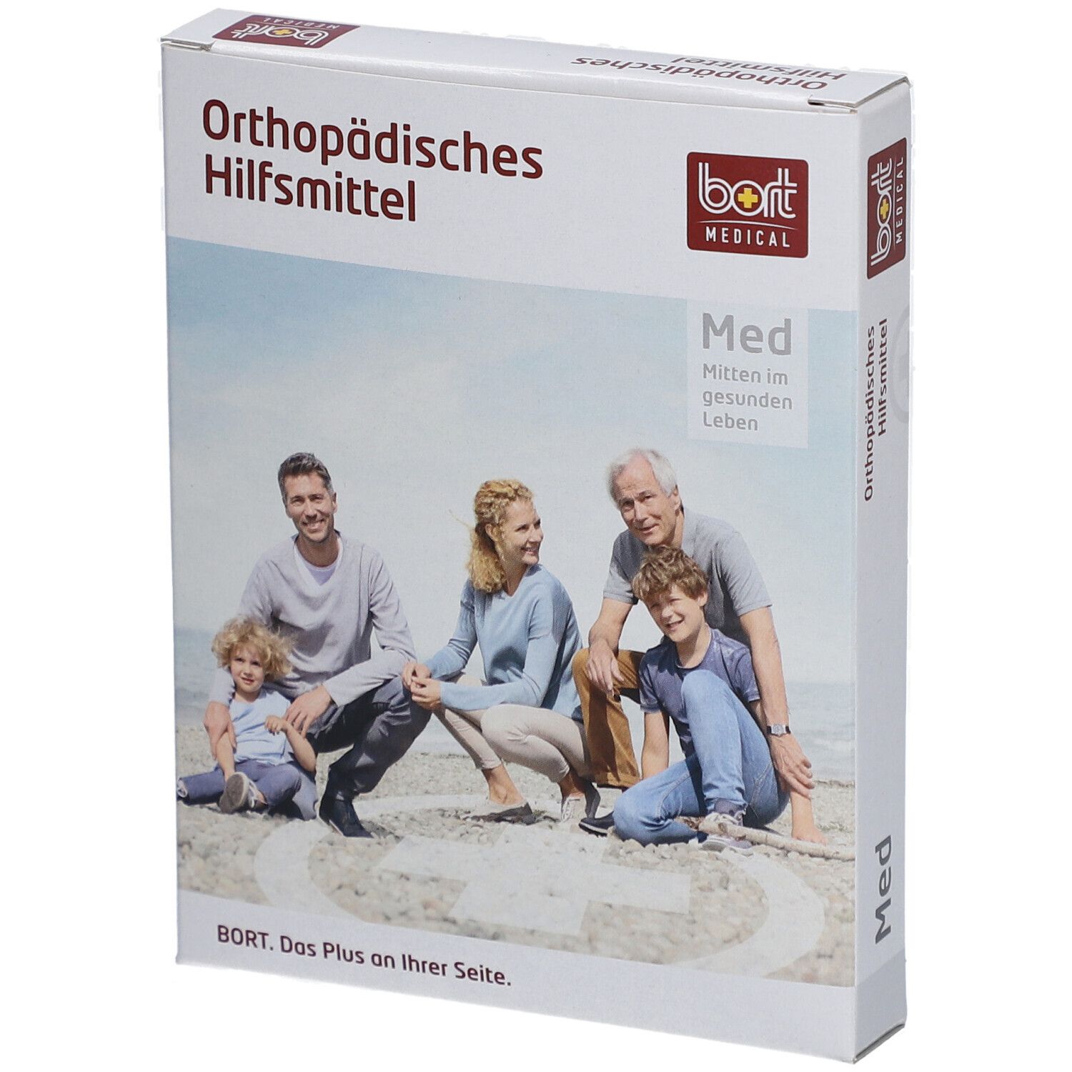 Verpackung mit "Orthopädisches Hilfsmittel". Familie am Strand abgebildet. Marke: bort MEDICAL.