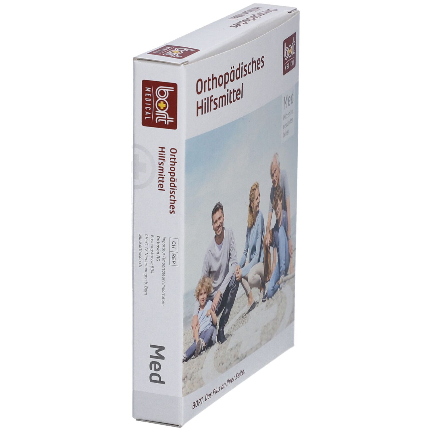 Verpackung "Orthopädisches Hilfsmittel". Seitenansicht. Marke: bort MEDICAL. Text: Med.