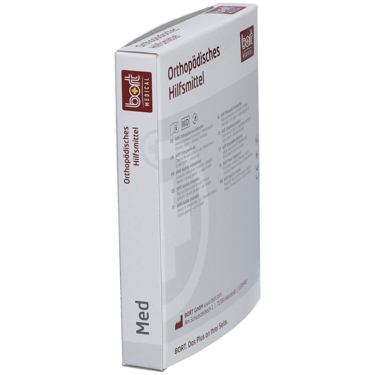 Verpackung "Orthopädisches Hilfsmittel". Seitenansicht mit Text. Marke: bort MEDICAL.