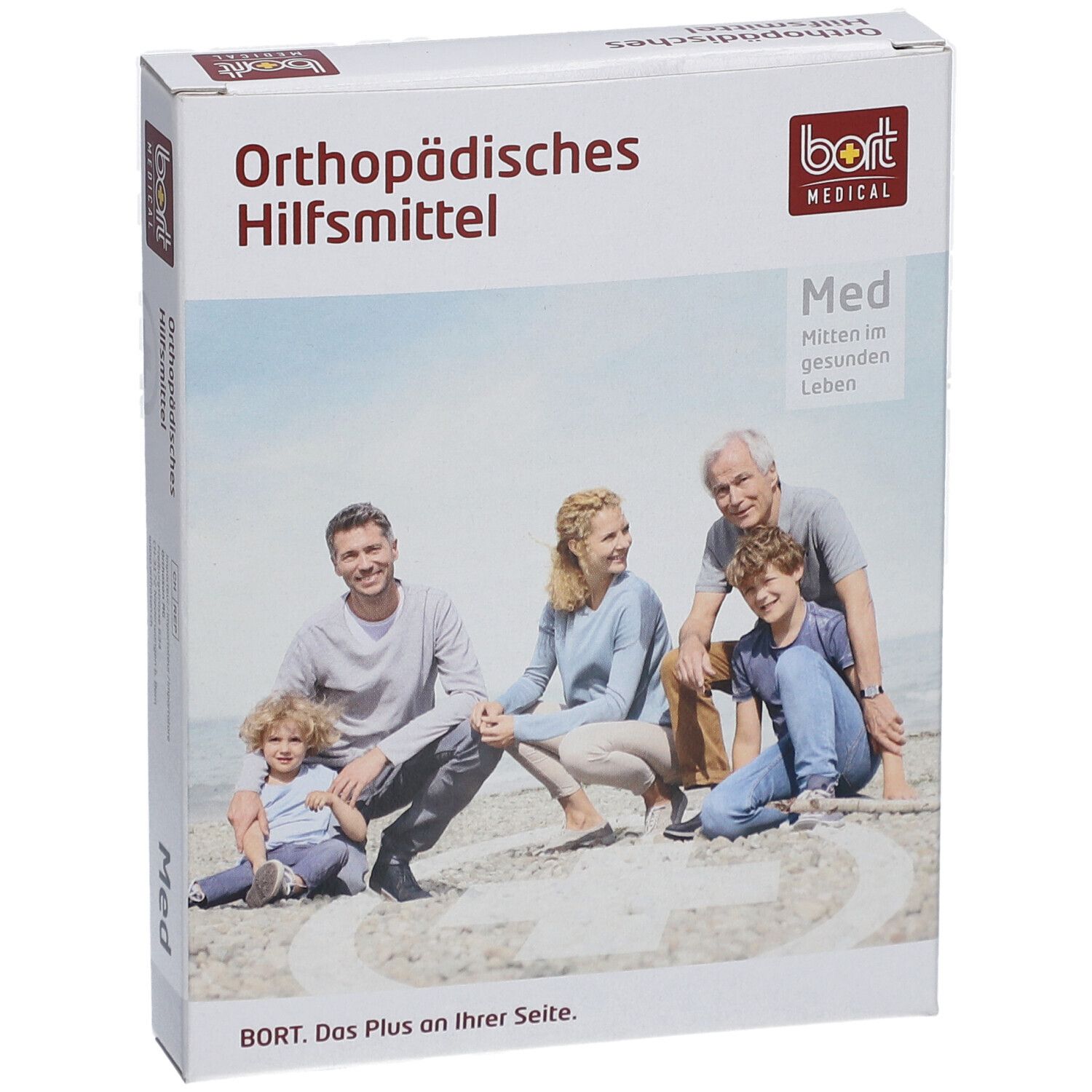 Verpackung "Orthopädisches Hilfsmittel". Familie am Strand abgebildet. Marke: bort MEDICAL.
