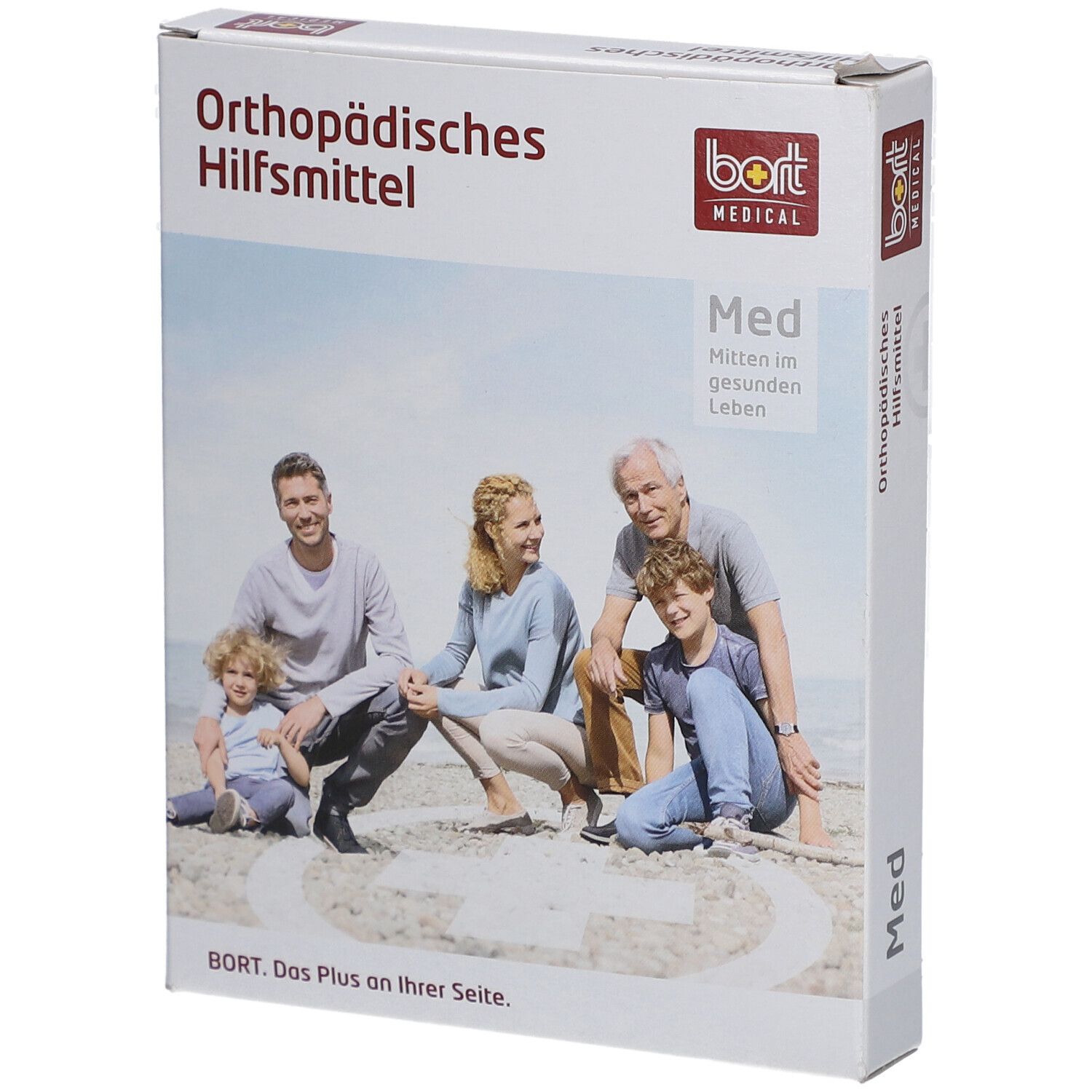 Verpackung mit "Orthopädisches Hilfsmittel" und "bort MEDICAL" Logo. Familienfoto auf der Vorderseite.