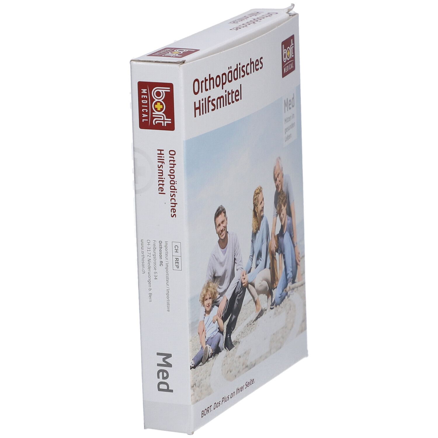 Schachtel mit "Orthopädisches Hilfsmittel" und "bort MEDICAL" Logo. Seitenansicht mit Familienfoto.