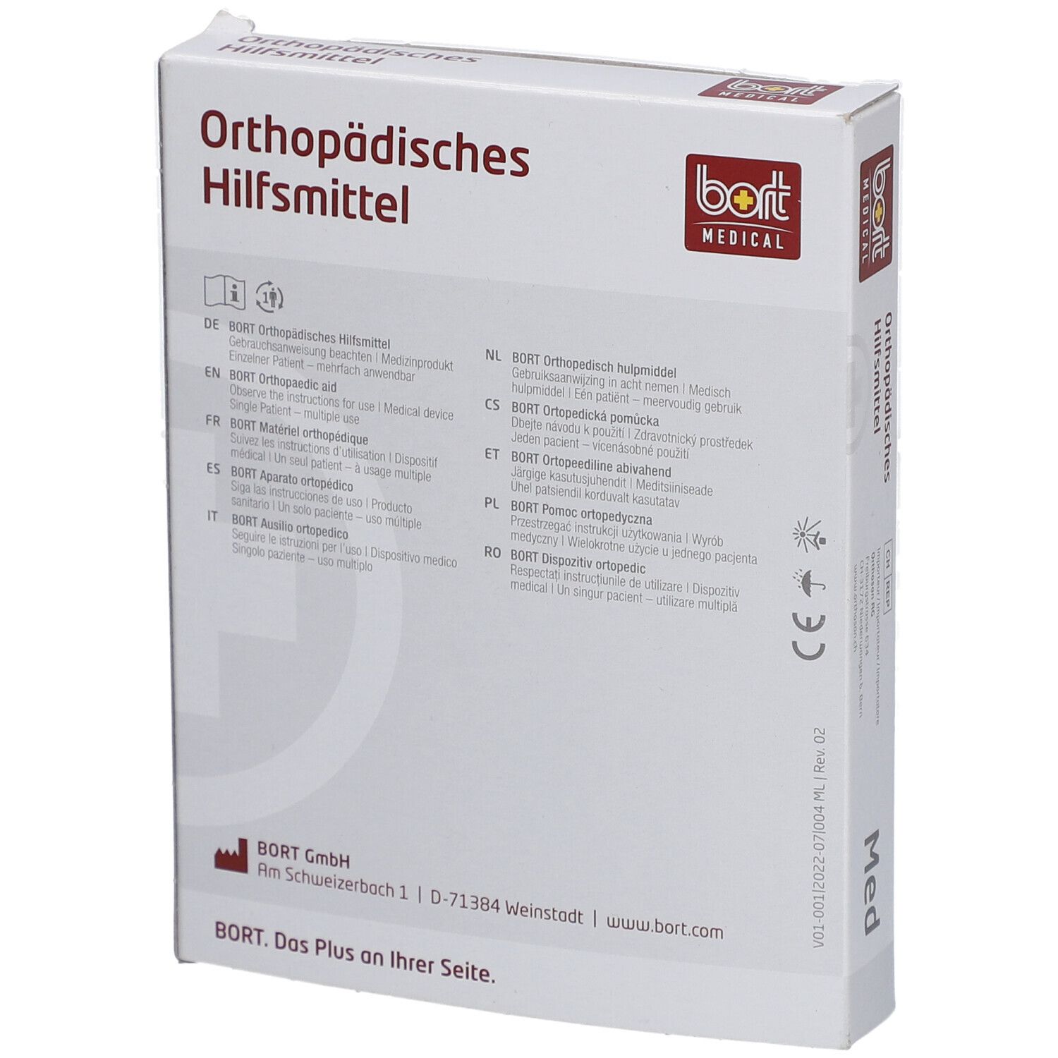 Verpackung mit "Orthopädisches Hilfsmittel" und "bort MEDICAL" Logo. Mehrsprachige Produktinformationen.