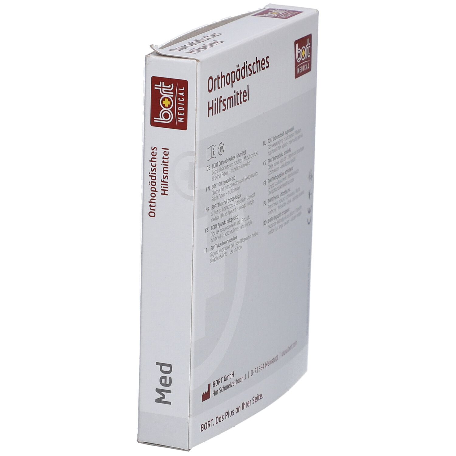 Schachtel mit "Orthopädisches Hilfsmittel" und "bort MEDICAL" Logo. Seitenansicht mit Text.