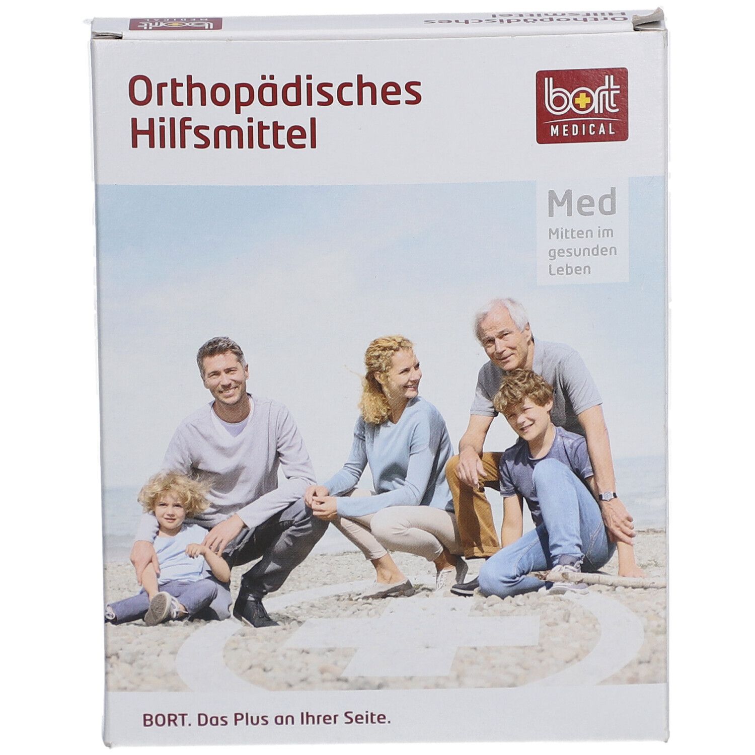 Verpackung mit "Orthopädisches Hilfsmittel" und "bort MEDICAL" Logo. Familienfoto auf der Vorderseite.