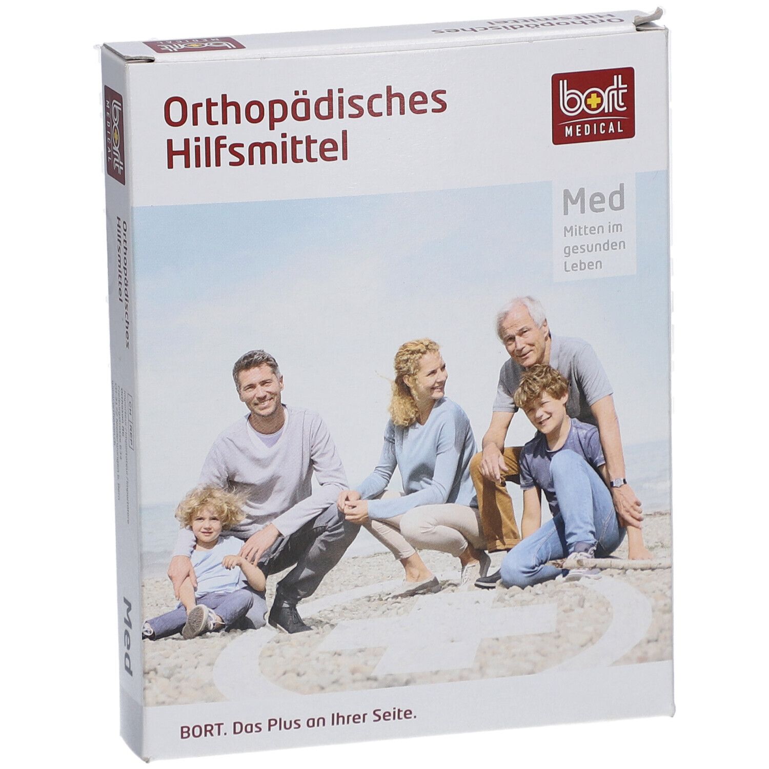 Verpackung mit "Orthopädisches Hilfsmittel" und "bort MEDICAL" Logo. Familienfoto auf der Vorderseite.