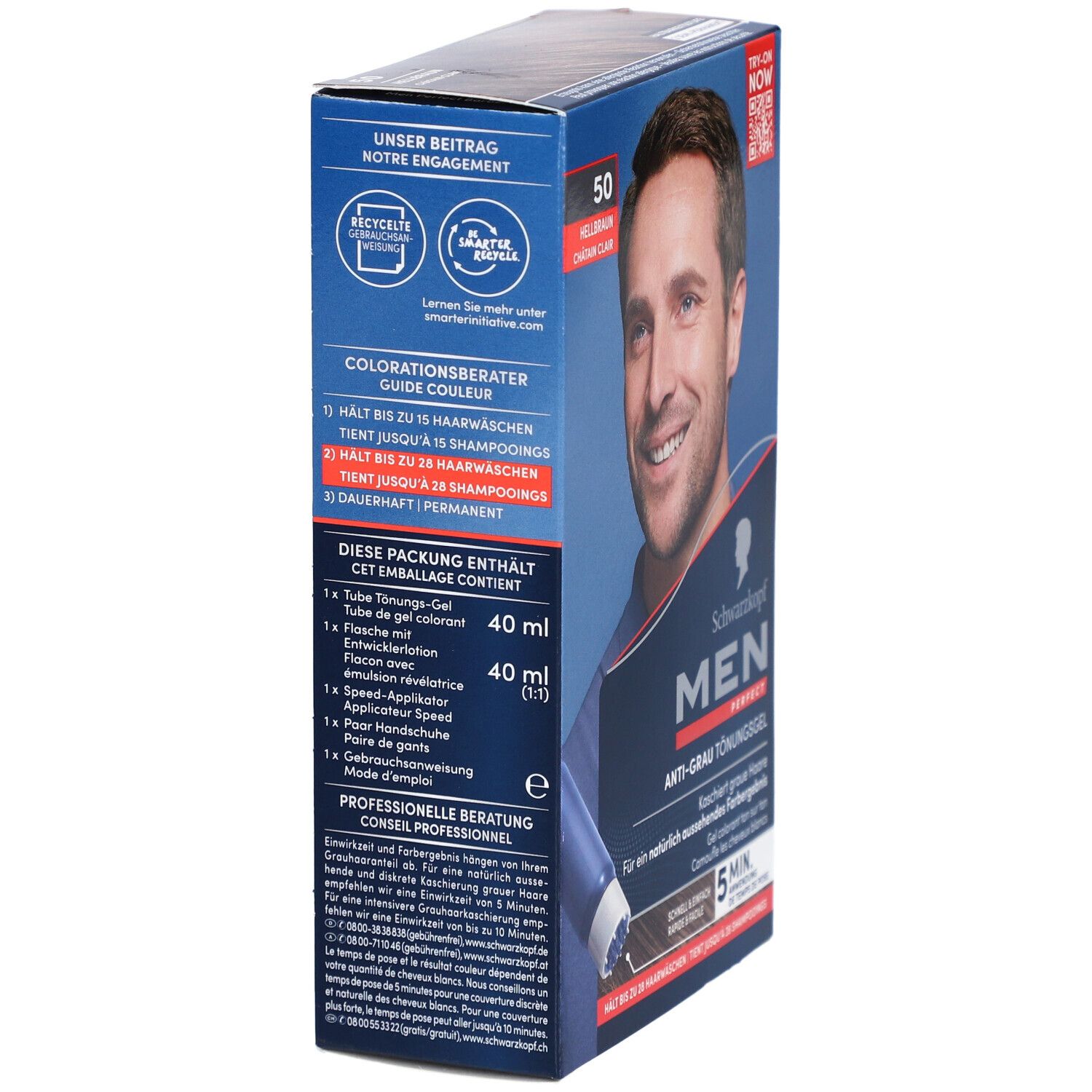 Schwarzkopf MEN PERFECT Verpackung. Enthält Tönungs-Gel, Entwicklerlotion, Applikator. Farbberater für Haltbarkeit. 40 ml.