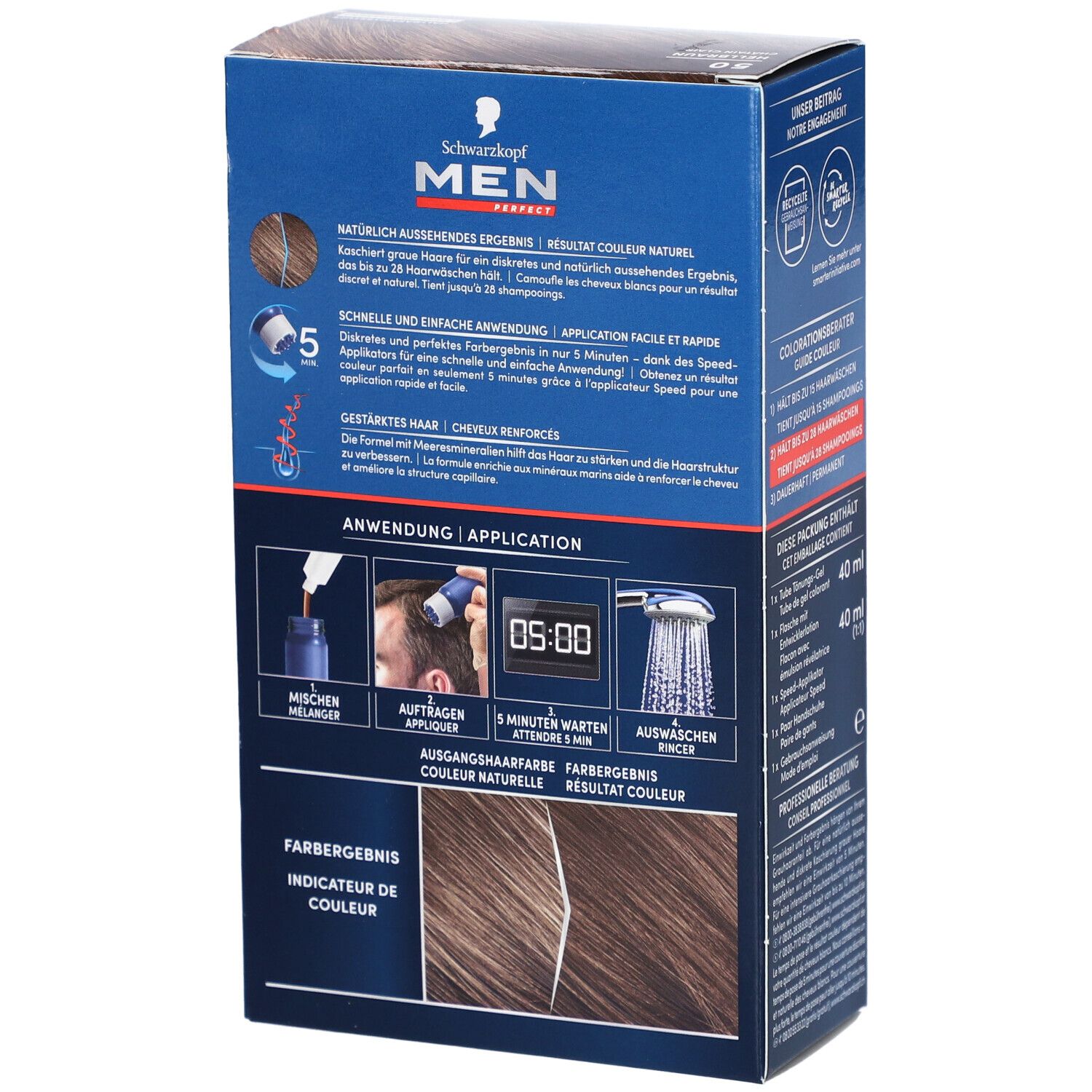 Rückseite der Schwarzkopf MEN PERFECT Verpackung. Anwendungsschritte: Mischen, Auftragen, 5 Min. warten, Auswaschen. Farbergebnis.
