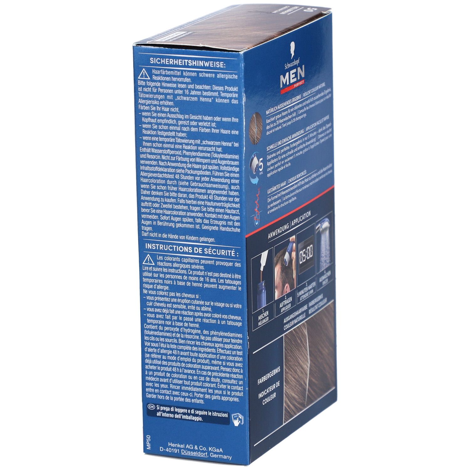 Seite der Schwarzkopf MEN PERFECT Verpackung. Sicherheitshinweise und Anwendungshinweise. Farbergebnis-Beispiele.