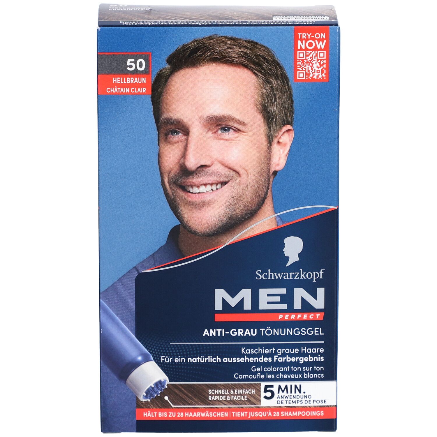 Schwarzkopf MEN PERFECT Anti-Grau Tönungsgel. Farbton 50 Hellbraun. Verpackung mit Mann und Produktabbildung.