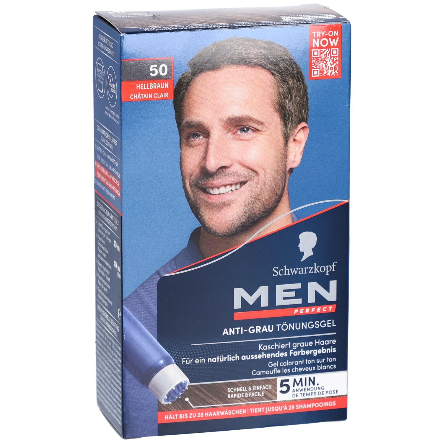 Schwarzkopf MEN PERFECT Anti-Grau Tönungsgel. Farbton 50 Hellbraun. Verpackung mit Mann und Produktabbildung.