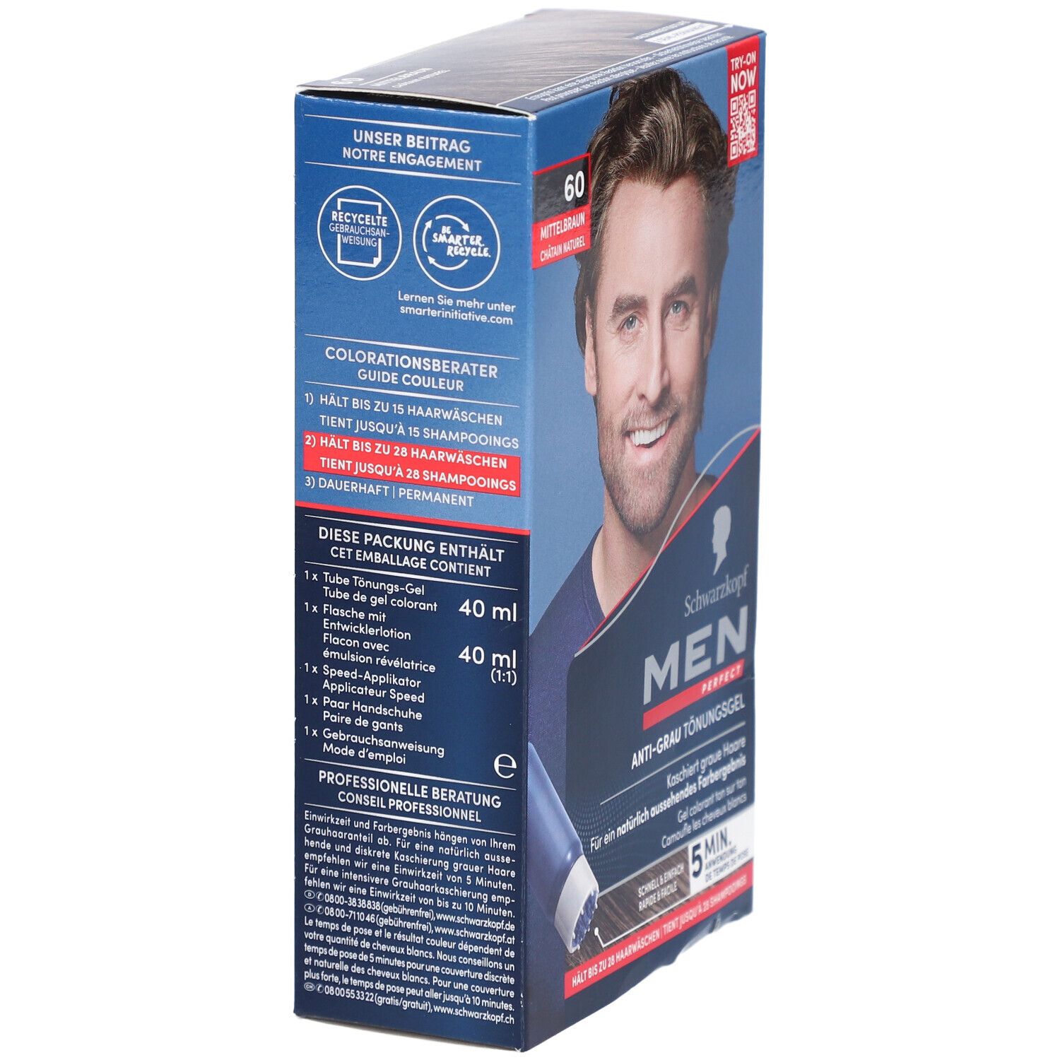Schwarzkopf MEN PERFECT Anti-Grau Tönungsgel. Verpackung mit Produktinformationen und einem Mann. Enthält 40 ml.
