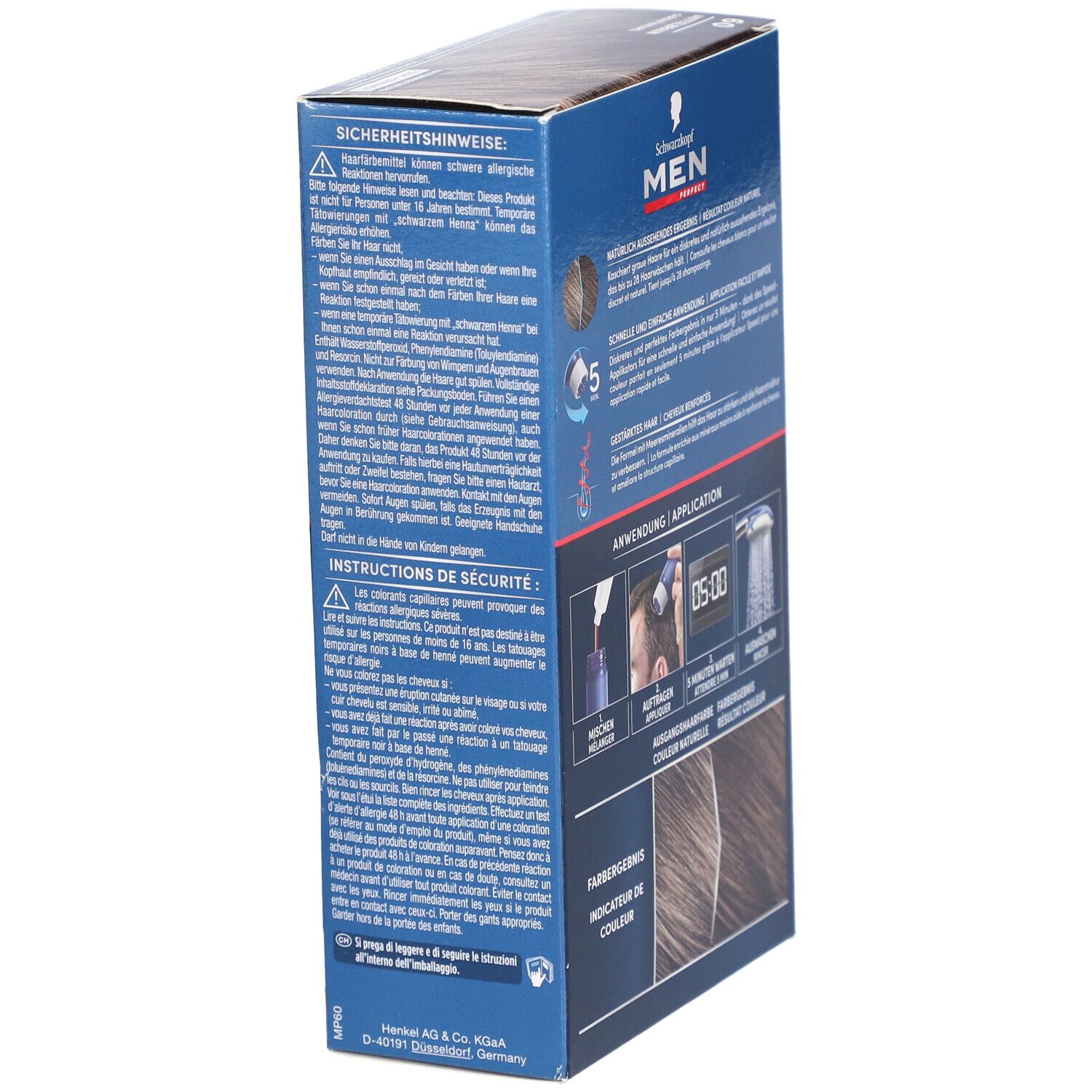 Verpackung mit Warnhinweisen und Anwendungsanleitung. Text in Deutsch und Französisch. Enthält Farbergebnis-Beispiele.