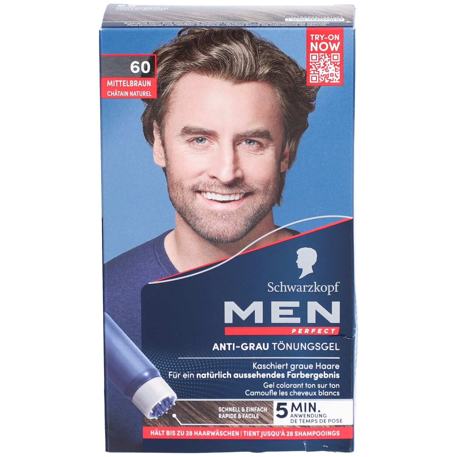 Schwarzkopf MEN PERFECT Anti-Grau Tönungsgel. Verpackung mit Mann, Produktabbildung und Text. Farbe: Mittelbraun.