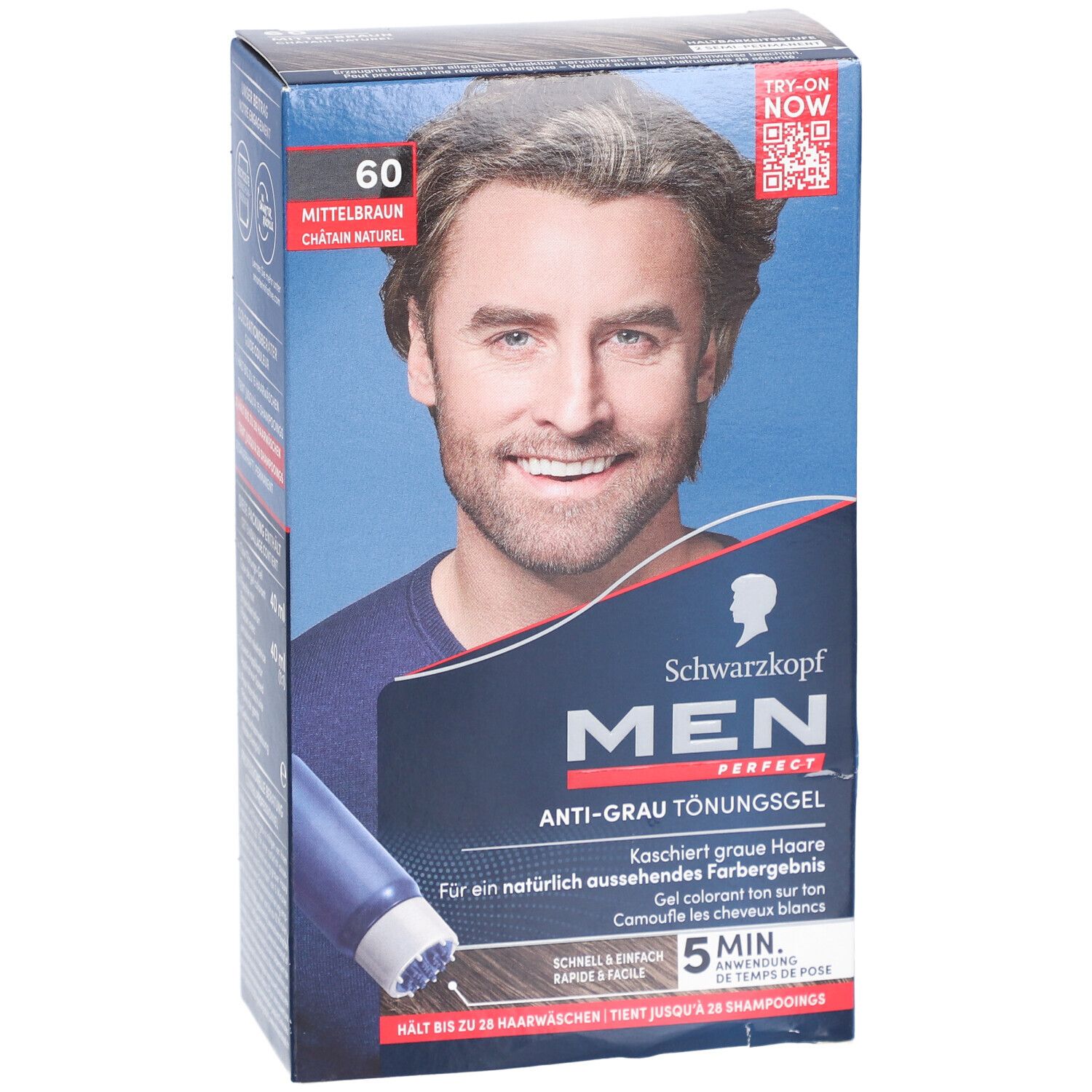 Schwarzkopf MEN PERFECT Anti-Grau Tönungsgel. Verpackung mit Mann, Produktabbildung und Text. Farbe: Mittelbraun.