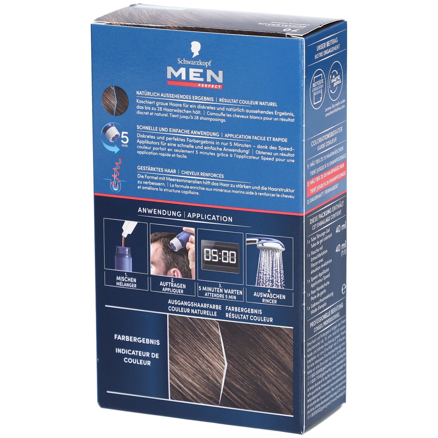Schwarzkopf MEN PERFECT Gel ton sur ton anti-gris. Application: mélanger, appliquer, attendre 5 min, rincer. Indicateur de couleur.