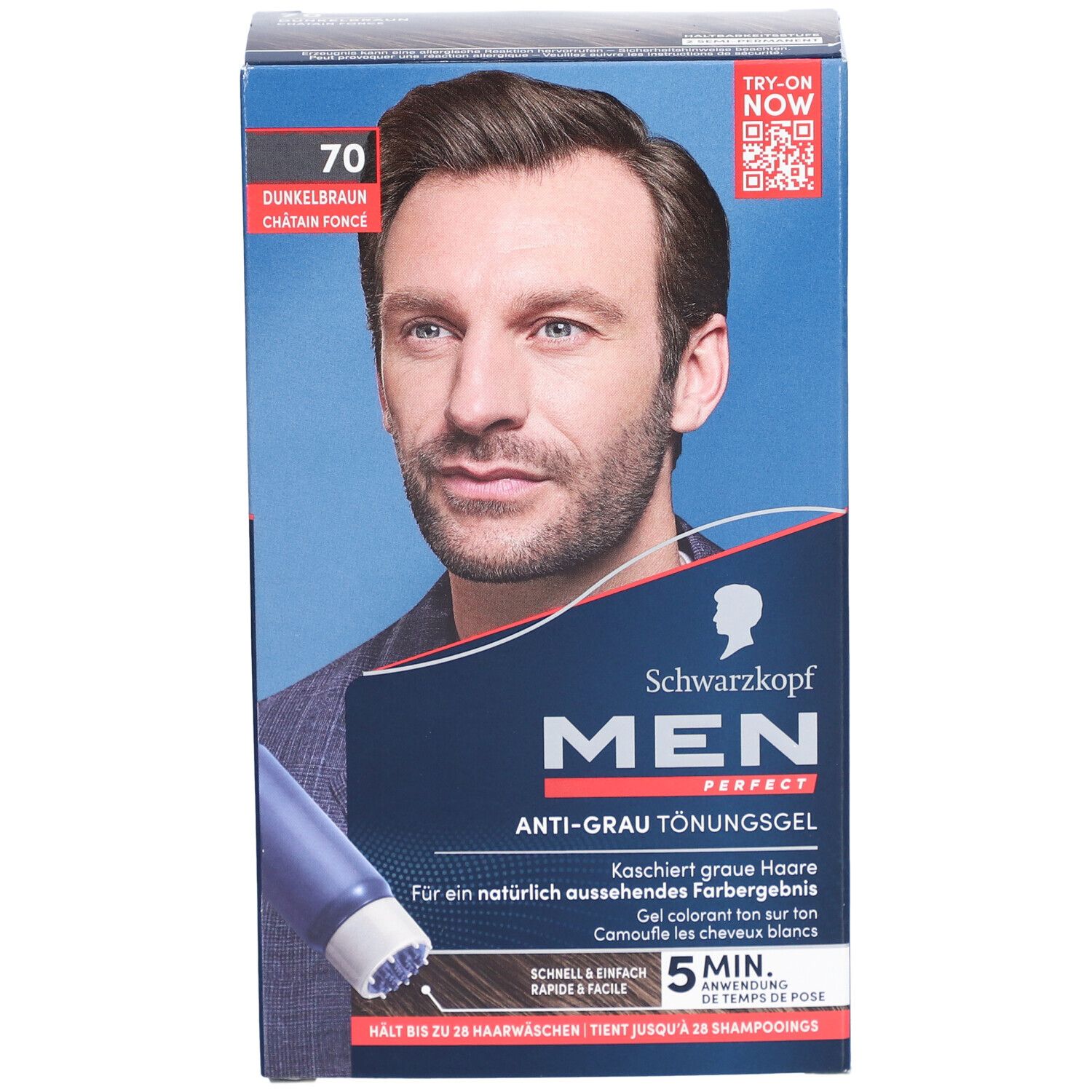 Schwarzkopf MEN PERFECT Gel ton sur ton anti-gris. Brun foncé. Boîte avec homme. 5 minutes de pose. Pour cheveux gris.