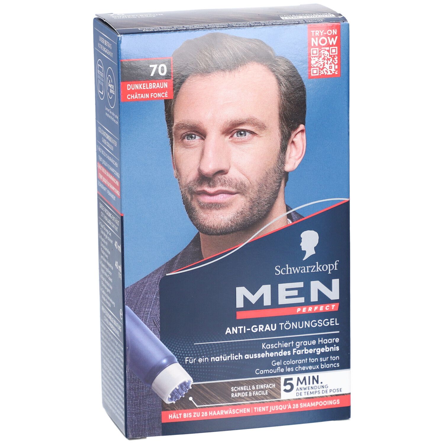 Schwarzkopf MEN PERFECT Gel ton sur ton anti-gris. Boîte avec homme. 70 Brun foncé. Résultat naturel.