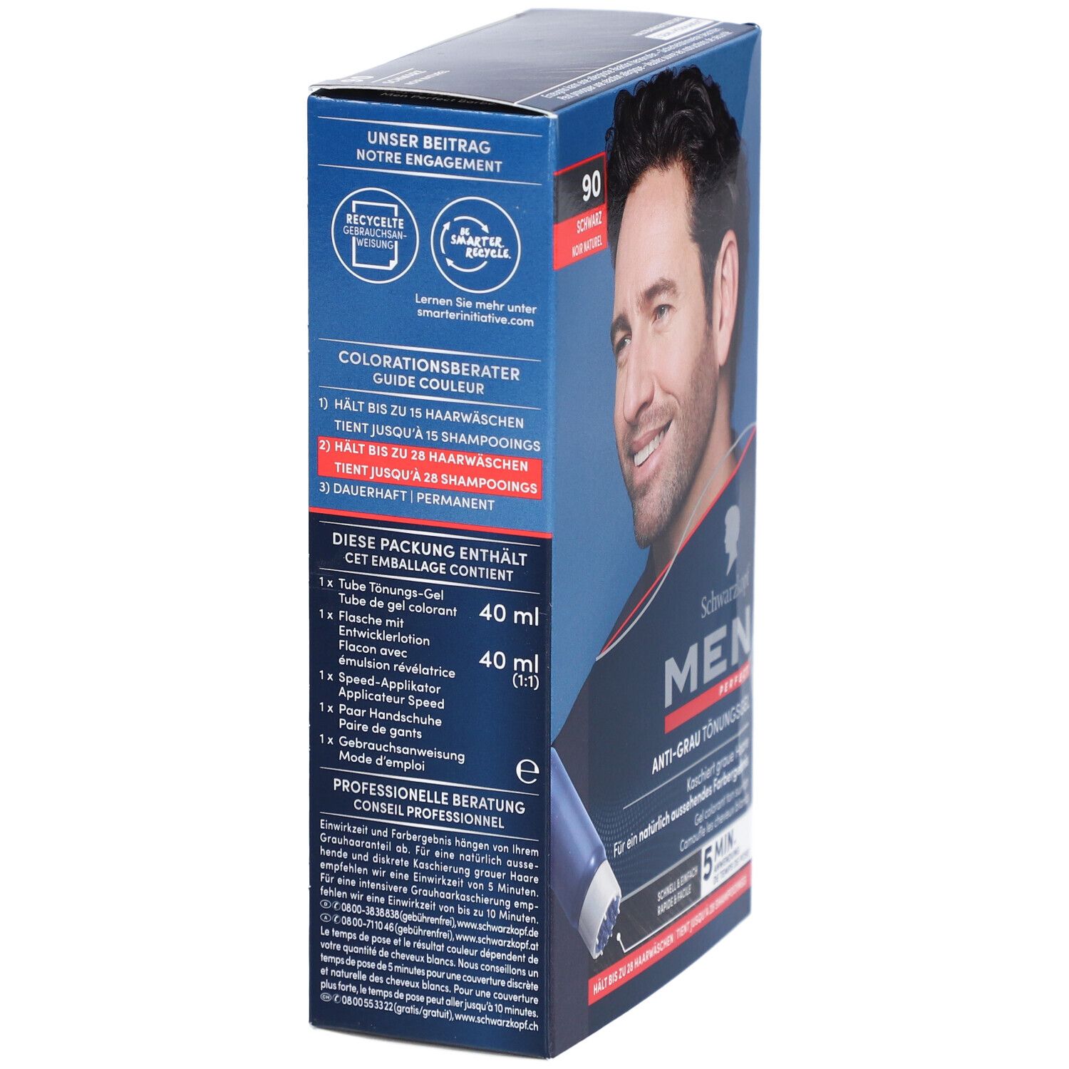 Boîte Schwarzkopf MEN PERFECT. Contient 40ml gel colorant, révélateur, applicateur et notice. Couleur 90 Noir Naturel.