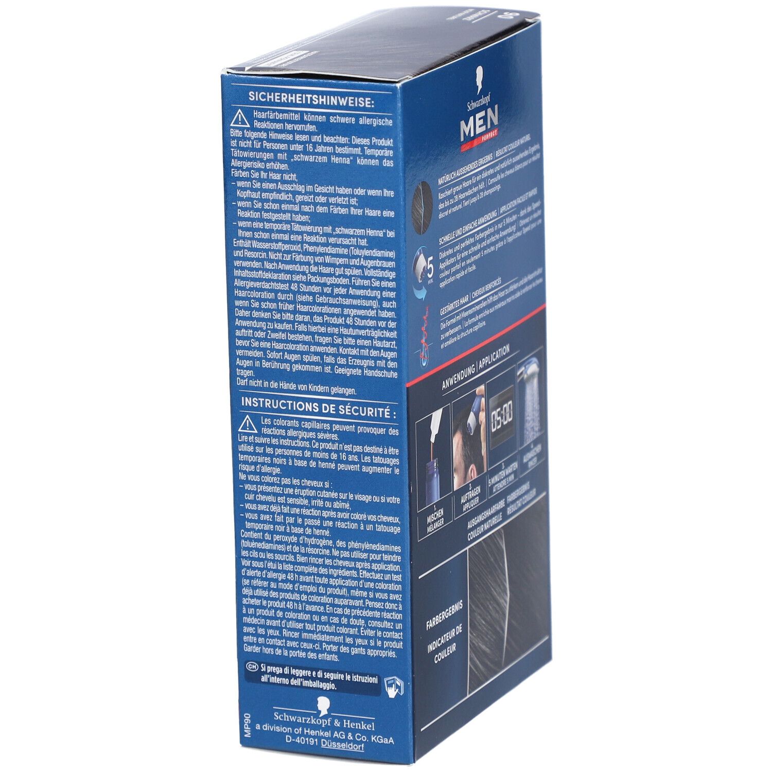 Boîte Schwarzkopf MEN PERFECT avec consignes de sécurité. Informations sur allergies et utilisation. Couleur 90 Noir Naturel.