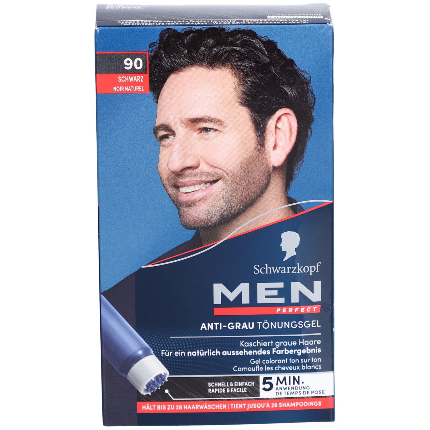 Schwarzkopf MEN PERFECT Gel anti-gris. Boîte avec homme. Couleur 90 Noir Naturel. Application rapide en 5 minutes.
