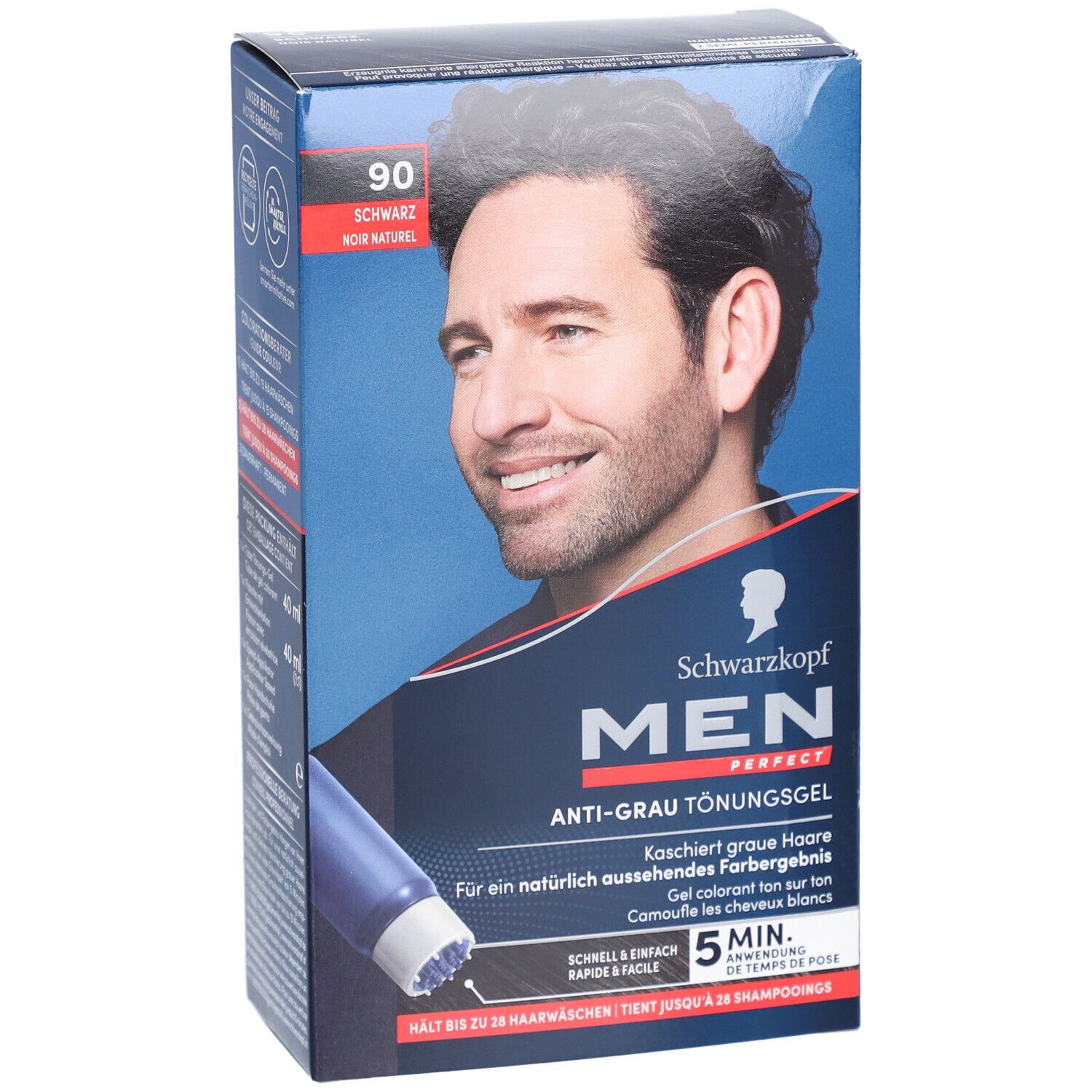 Schwarzkopf MEN PERFECT Gel anti-gris. Boîte avec homme. Couleur 90 Noir. Application rapide en 5 minutes.