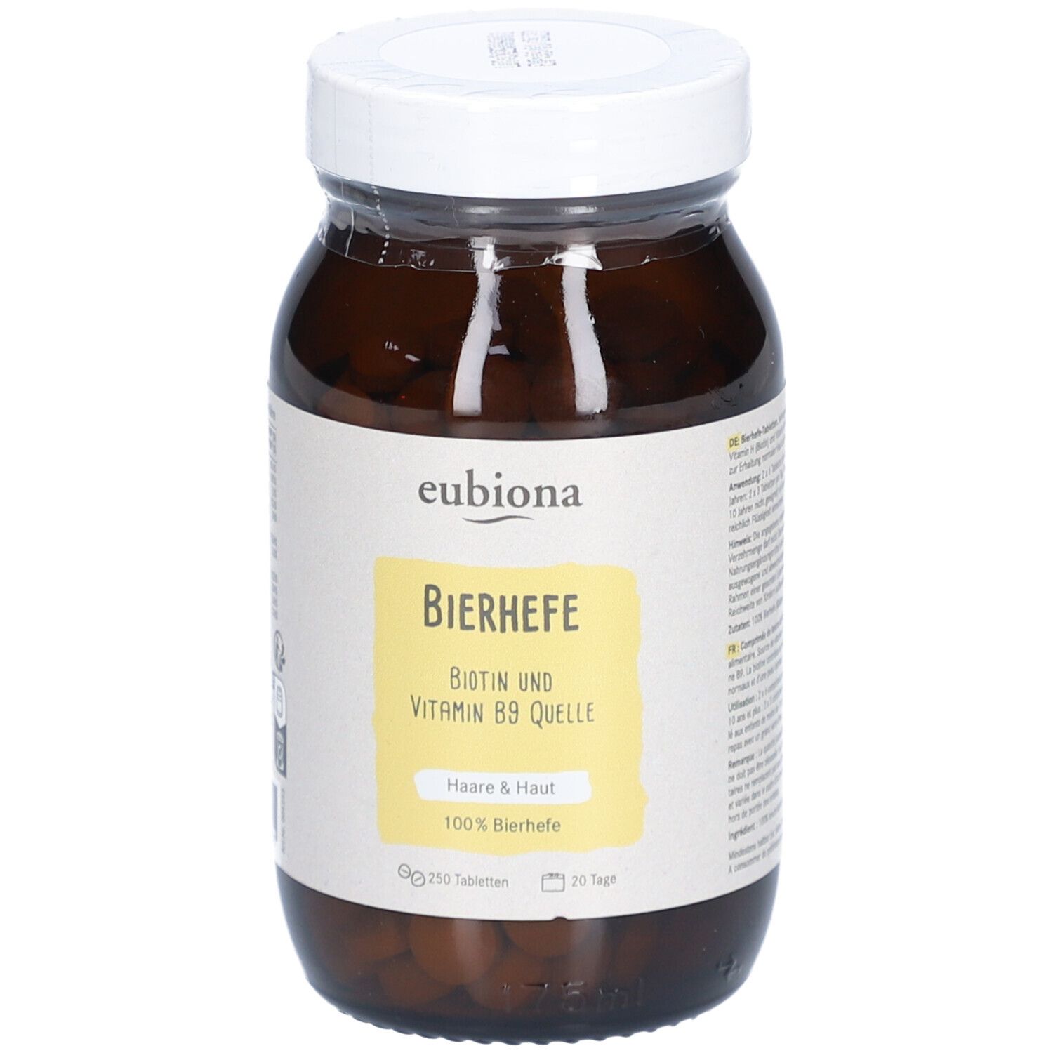 Flacon en verre brun avec couvercle blanc. L'étiquette indique "eubiona Levure de bière Source de biotine et vitamine B9".