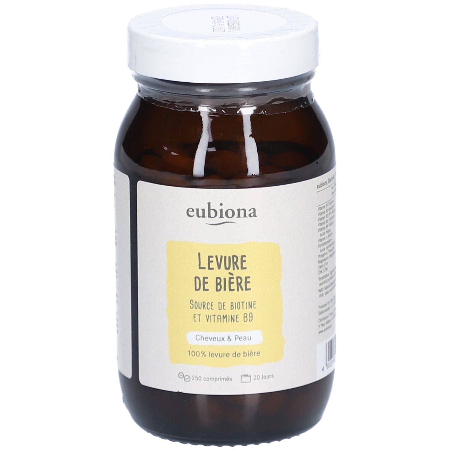 Flacon en verre brun avec couvercle blanc. L'étiquette indique "eubiona Levure de bière Source de biotine et vitamine B9".