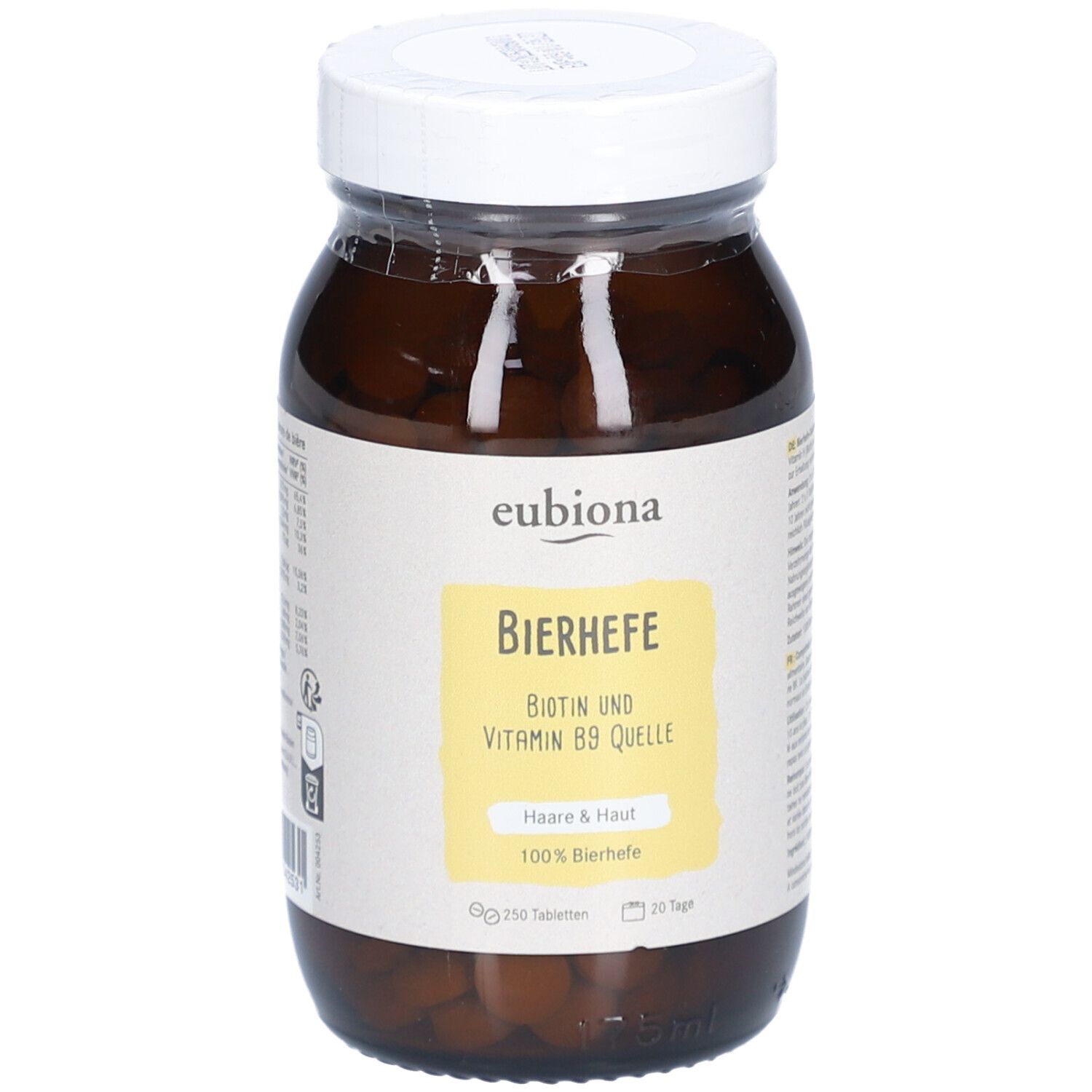 Flacon en verre brun avec couvercle blanc. L'étiquette indique "eubiona Levure de bière Source de biotine et vitamine B9".