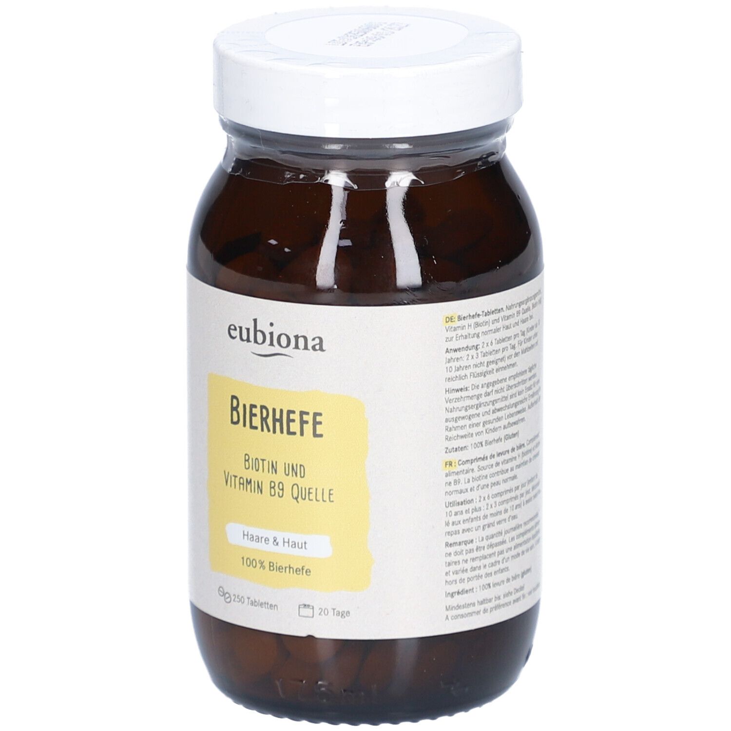 Flacon en verre brun avec couvercle blanc. L'étiquette indique "eubiona Levure de bière Source de biotine et vitamine B9".