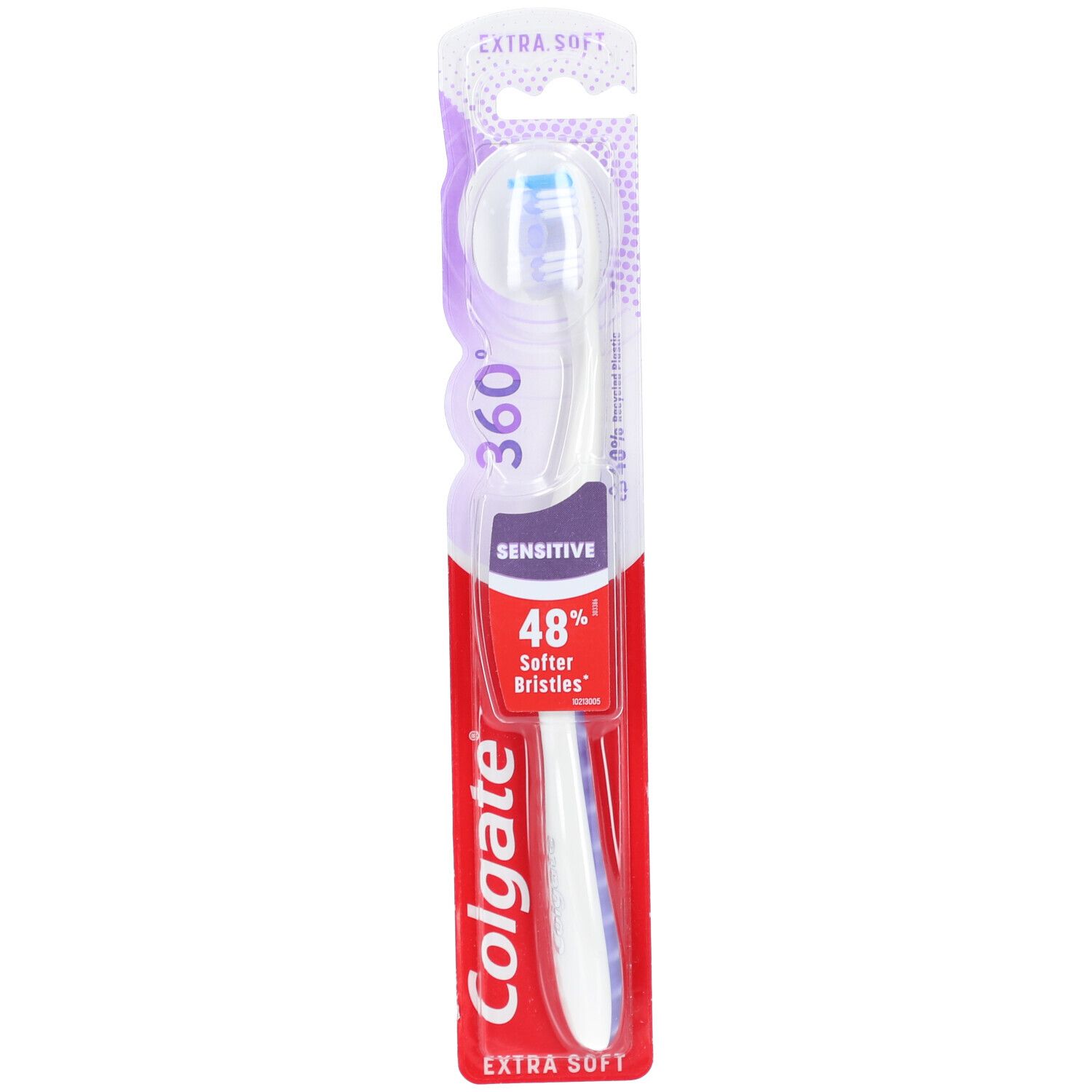 Zahnbürste in Verpackung. Weißer Griff, blauer Bürstenkopf. Text: Colgate 360° Sensitive, Extra Soft, 48% weichere Borsten.