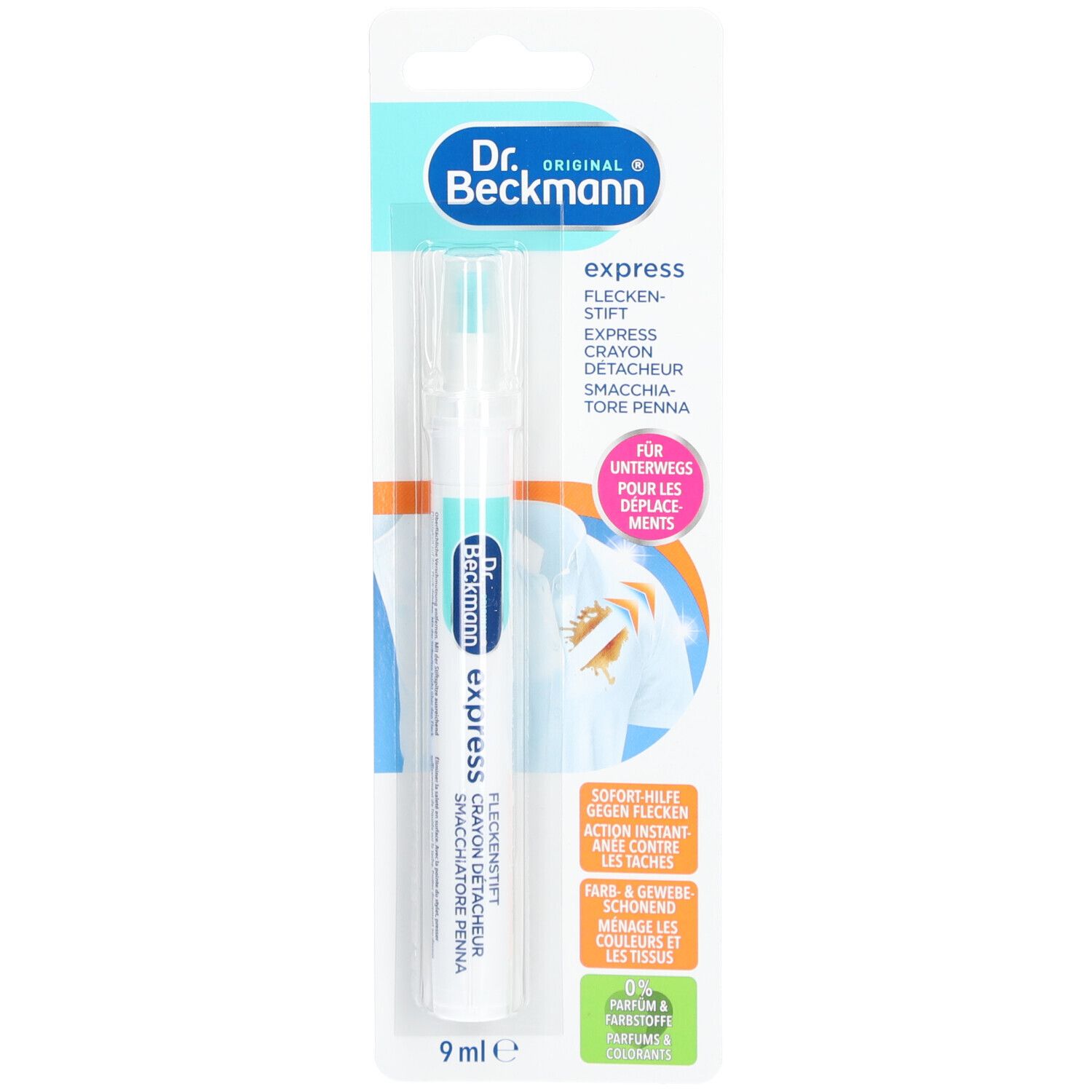 Stylo détachant Dr. Beckmann Express en blister. Stylo blanc avec texte bleu et orange. Nom du produit visible.