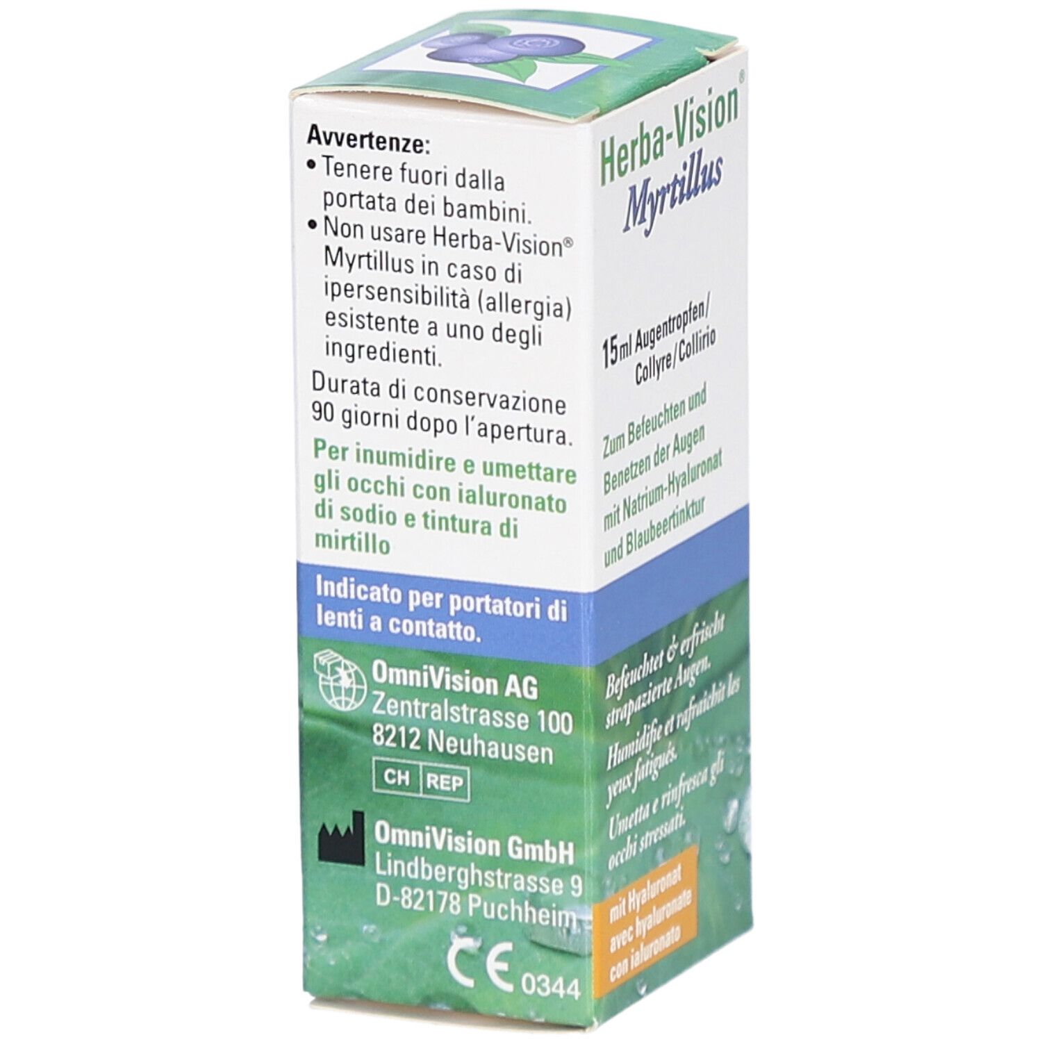 Vue latérale de l'emballage Herba-Vision Myrtillus. Contient des informations d'utilisation et l'adresse du fabricant. Marquage CE.