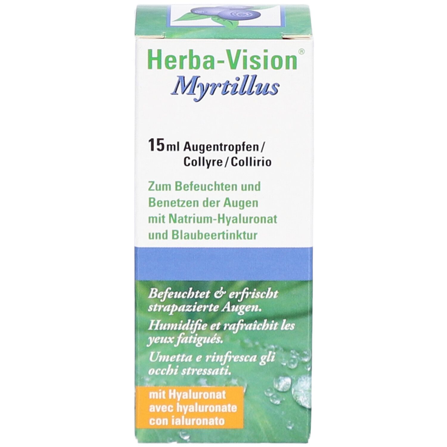 Vue de face de l'emballage Herba-Vision Myrtillus. Contient le nom du produit, le volume et l'utilisation. Illustration de myrtilles.