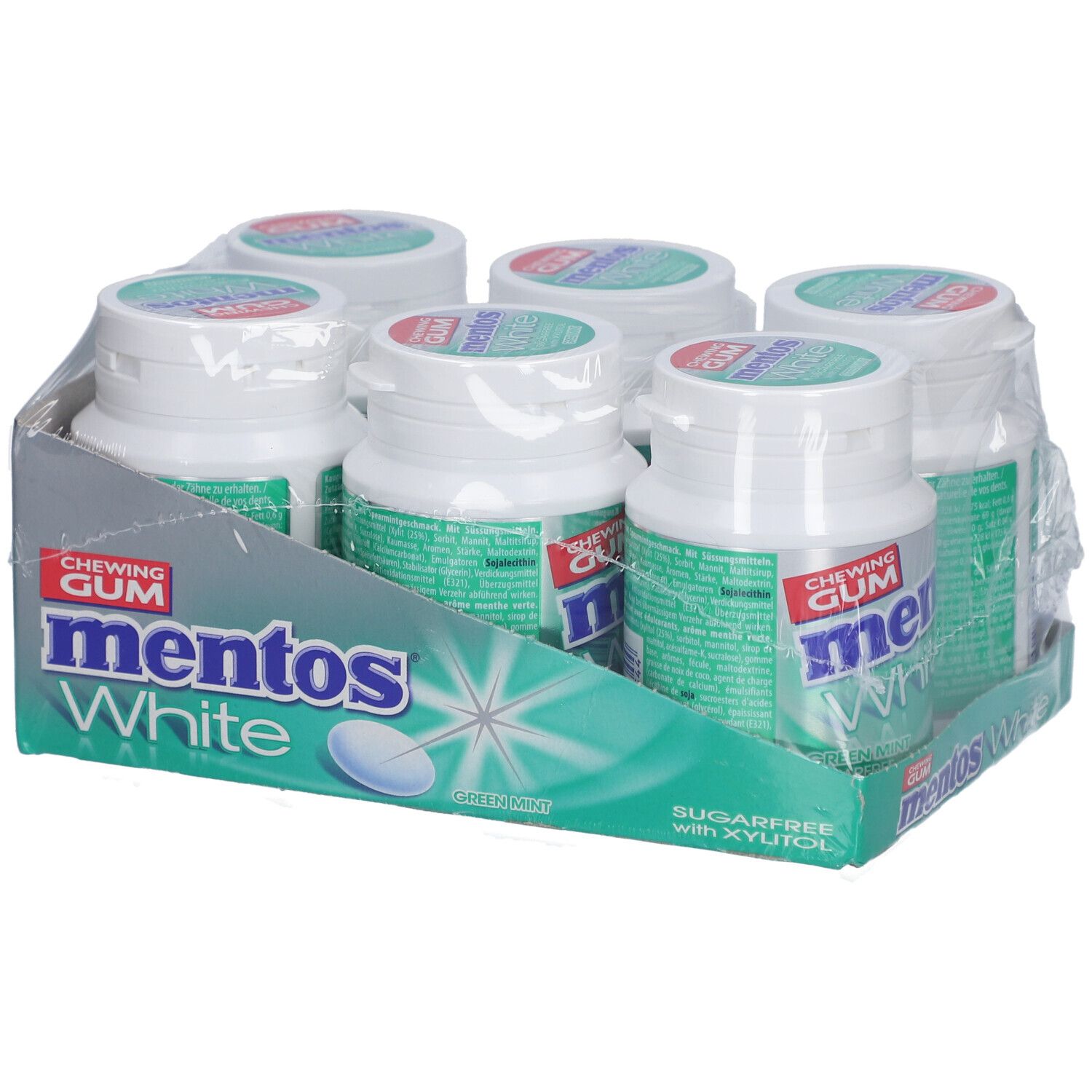 Sechs Flaschen Mentos White Kaugummi in einer Verpackung. Aufschrift: White, Green Mint, zuckerfrei.