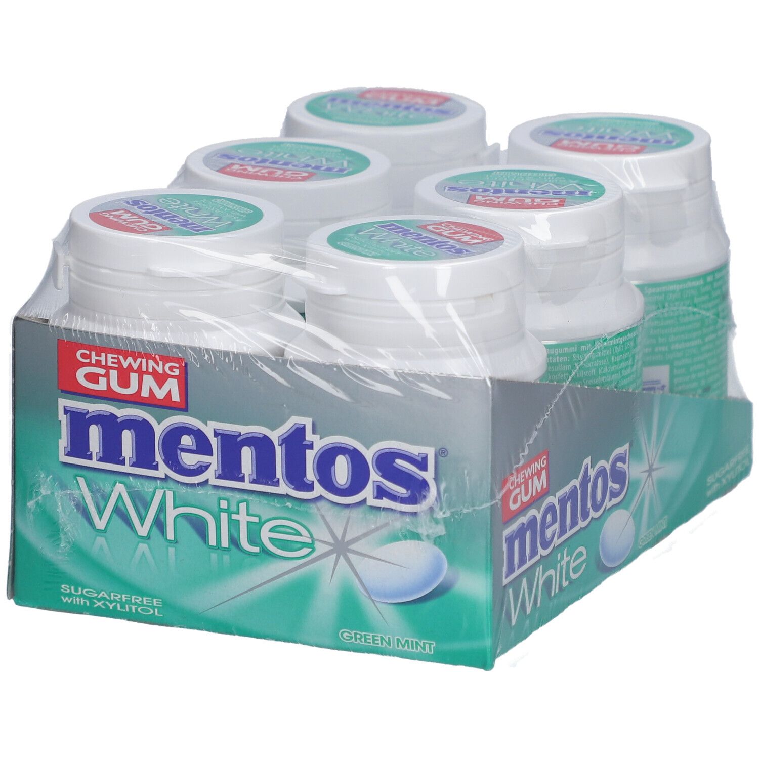 Sechs Flaschen Mentos White Kaugummi in einer Verpackung. Aufschrift: White, Green Mint, zuckerfrei.