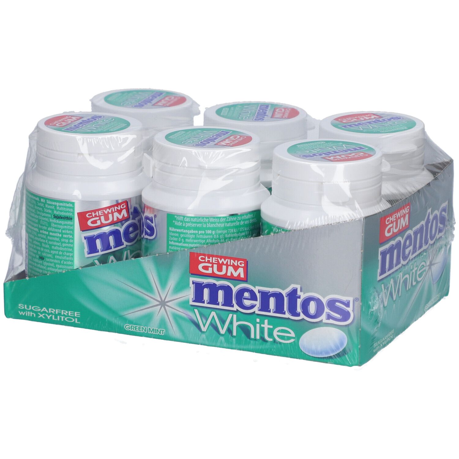Sechs Flaschen Mentos White Kaugummi in einer Verpackung. Aufschrift: White, Green Mint, zuckerfrei.