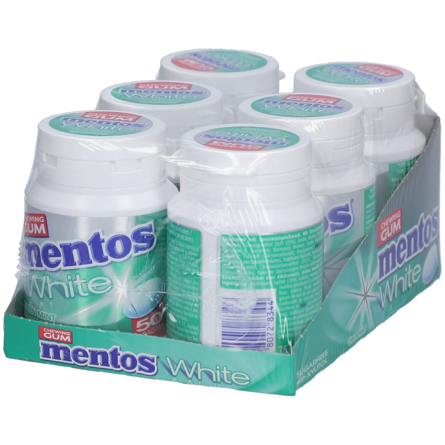 Sechs Flaschen Mentos White Kaugummi in einer Verpackung. Aufschrift: White, Green Mint, zuckerfrei.