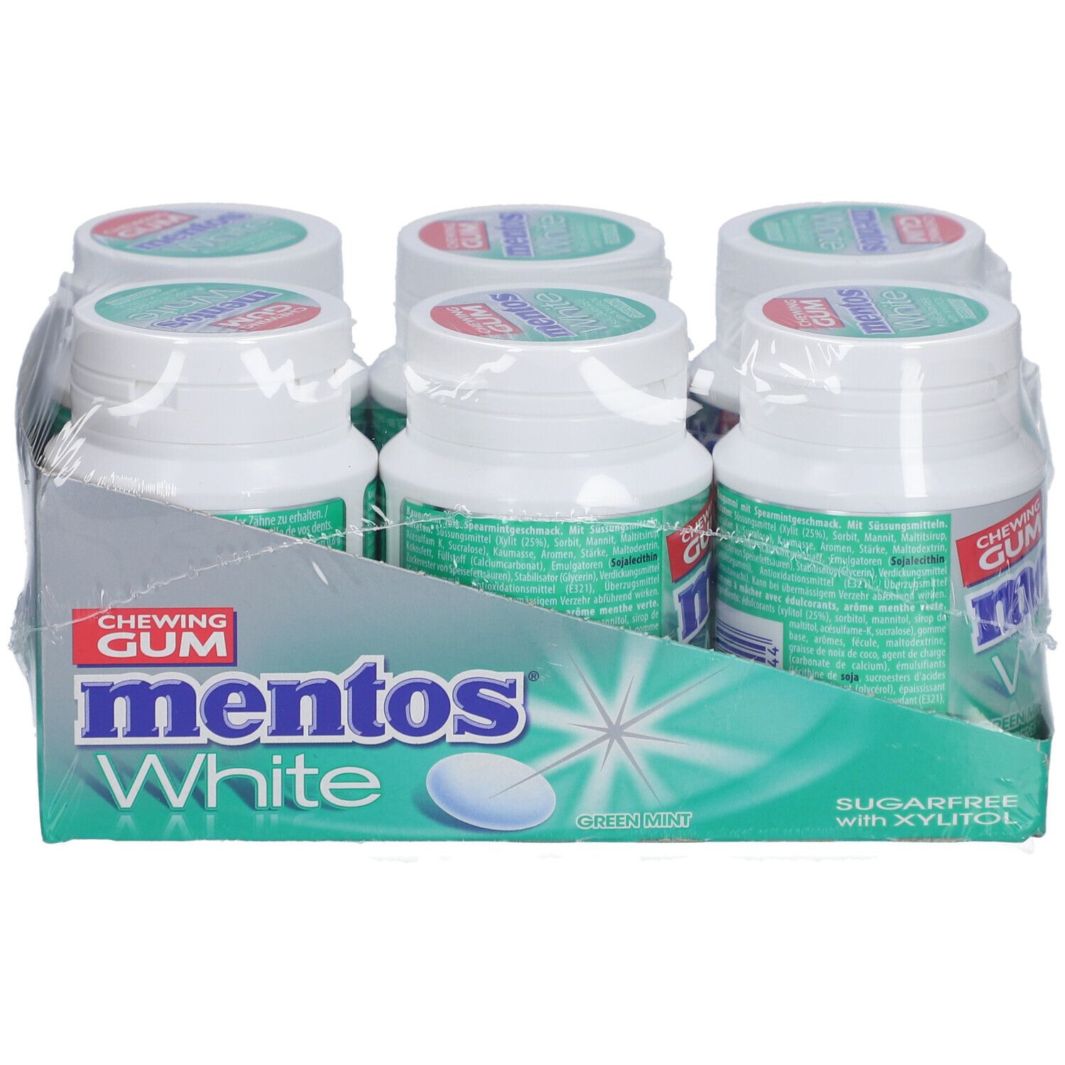 Sechs Flaschen Mentos White Kaugummi in einer Verpackung. Aufschrift: White, Green Mint, zuckerfrei.