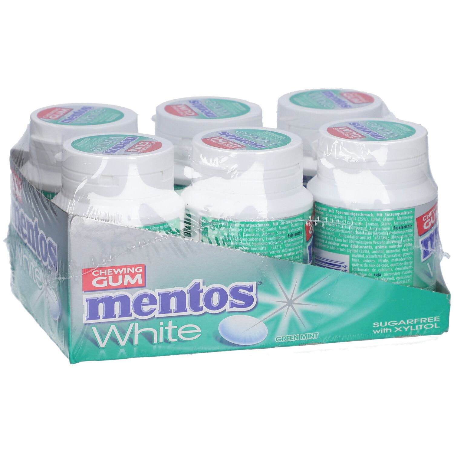 Sechs Flaschen Mentos White Kaugummi in einer Verpackung. Aufschrift: White, Green Mint, zuckerfrei.