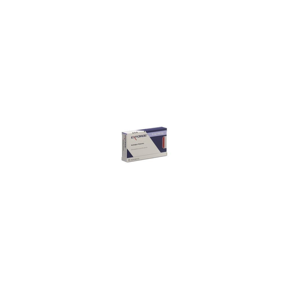 Kartonverpackung mit Produktnamen EXFORGE. Blau, weiß und rot. Aufschrift: Filmtabl 5mg/160mg.