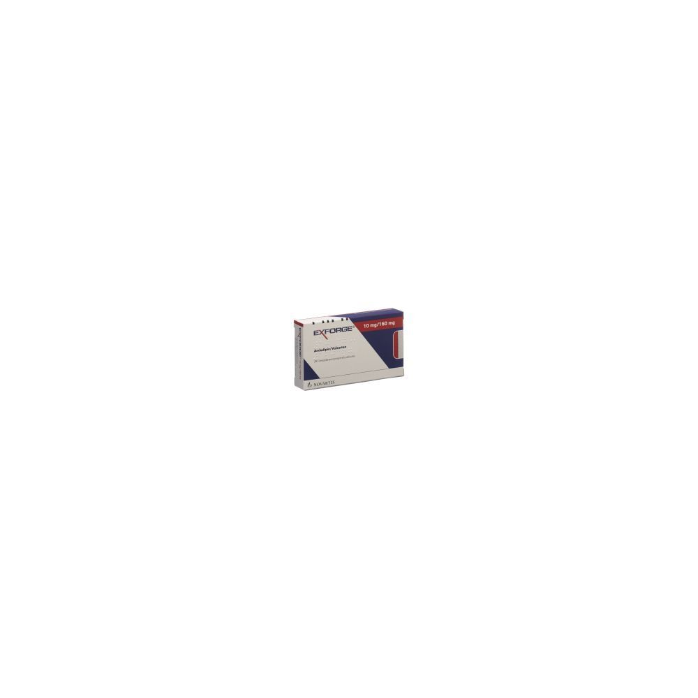 Karton mit EXFORGE Filmtabl. 10mg/160mg. Blaue, rote und weiße Verpackung. Text: EXFORGE, Filmtabletten.