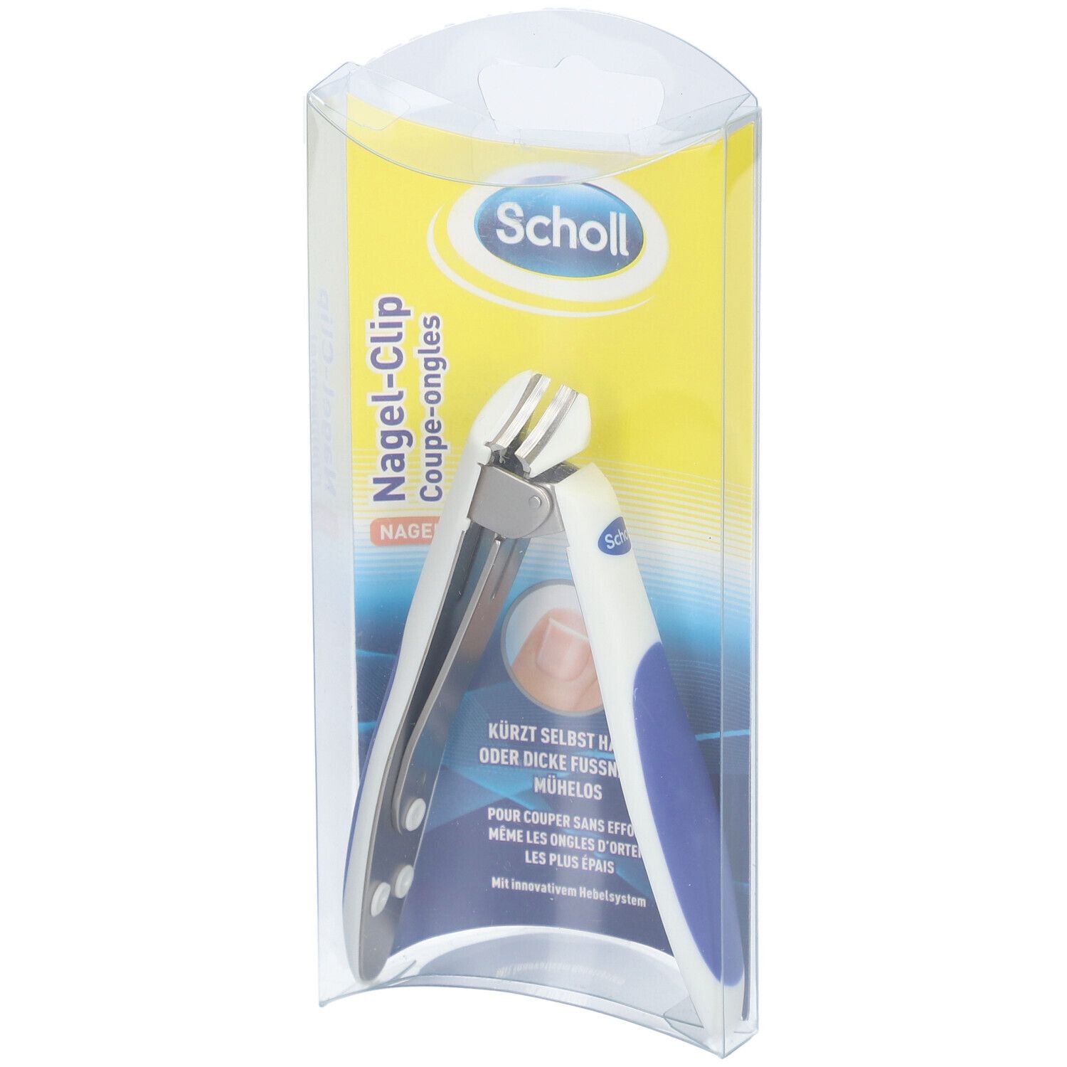 Nagel-Clip in Verpackung. Metall-Clip mit blau-weißem Griff. Marke Scholl. Transparente Verpackung.