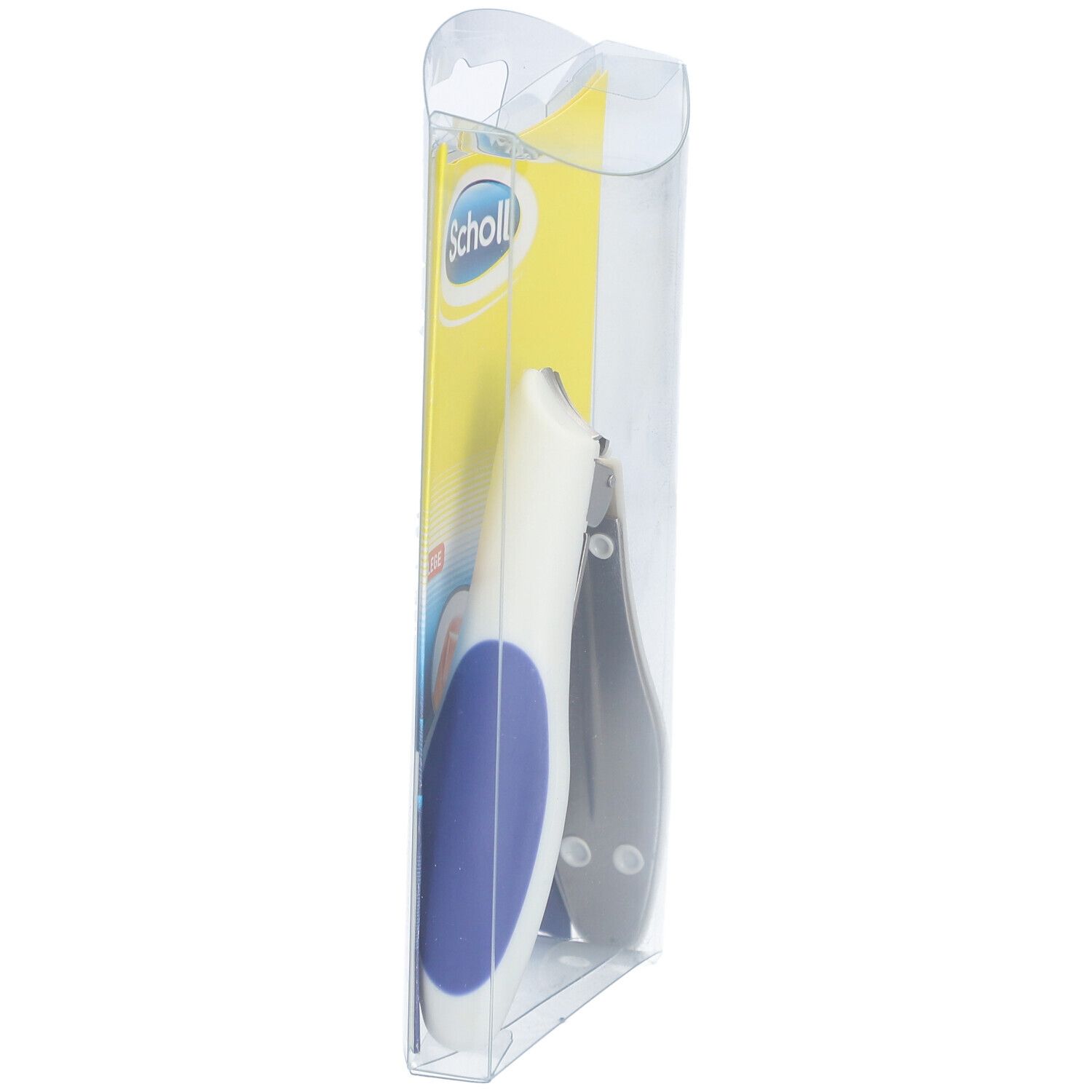 Nagel-Clip in Verpackung, Seitenansicht. Blau-weißer Griff, Metall-Clip. Marke Scholl. Transparente Verpackung.