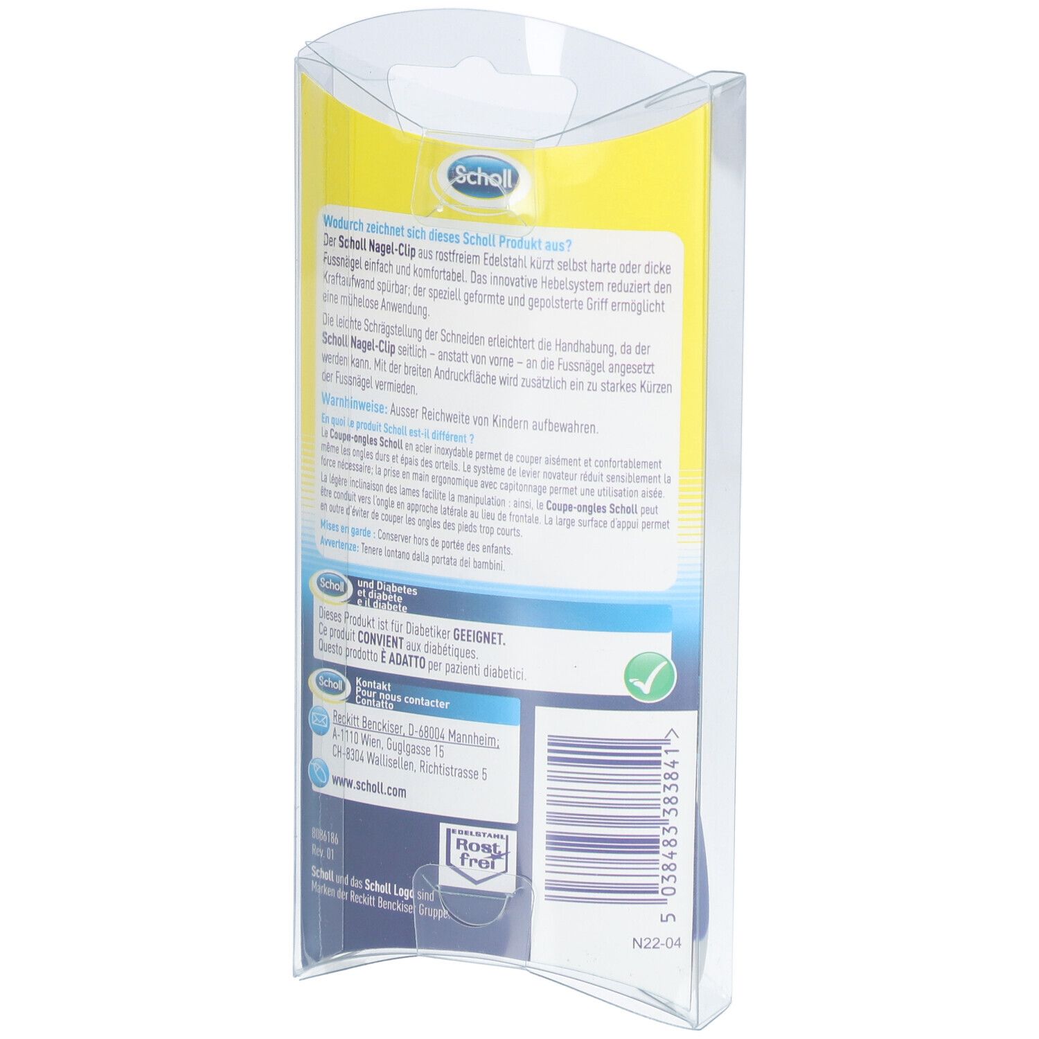 Rückseite der Verpackung. Text und Logo von Scholl. Grünes Häkchen für Diabetiker-Geeignet.