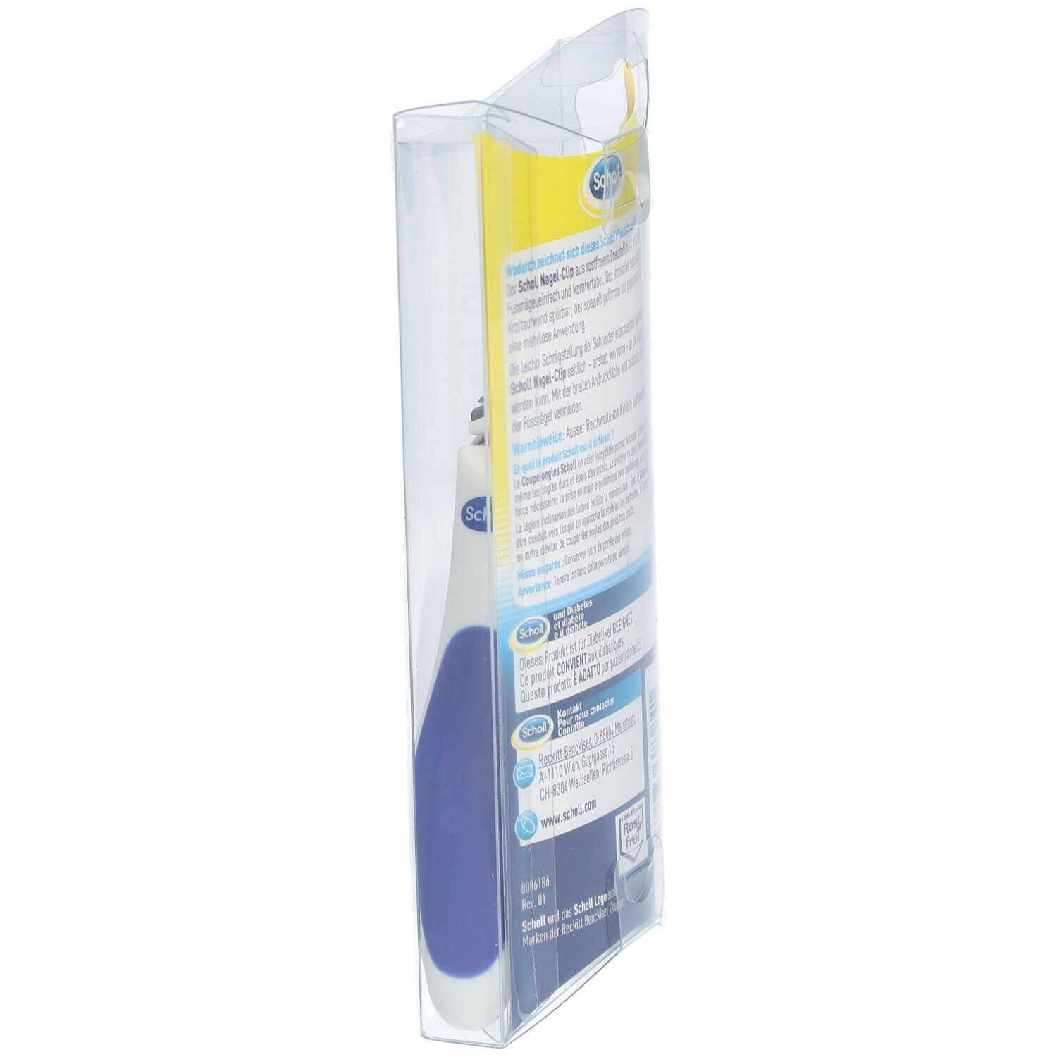Seitenansicht der Verpackung. Text und Logo von Scholl. Grünes Häkchen für Diabetiker-Geeignet.