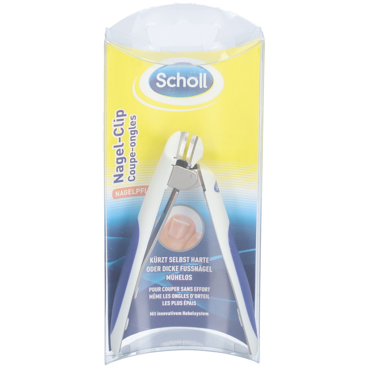 Nagel-Clip in Verpackung. Metall-Clip mit blau-weißem Griff. Marke Scholl. Transparente Verpackung.