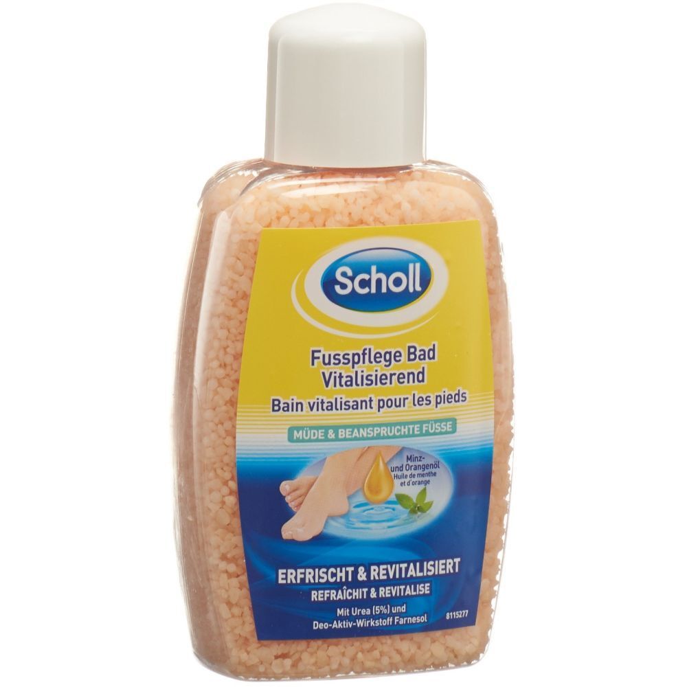 Flacon de sel pour bain de pieds. Étiquette jaune avec nom du produit et illustration. Contient de la menthe et de l'huile d'orange.